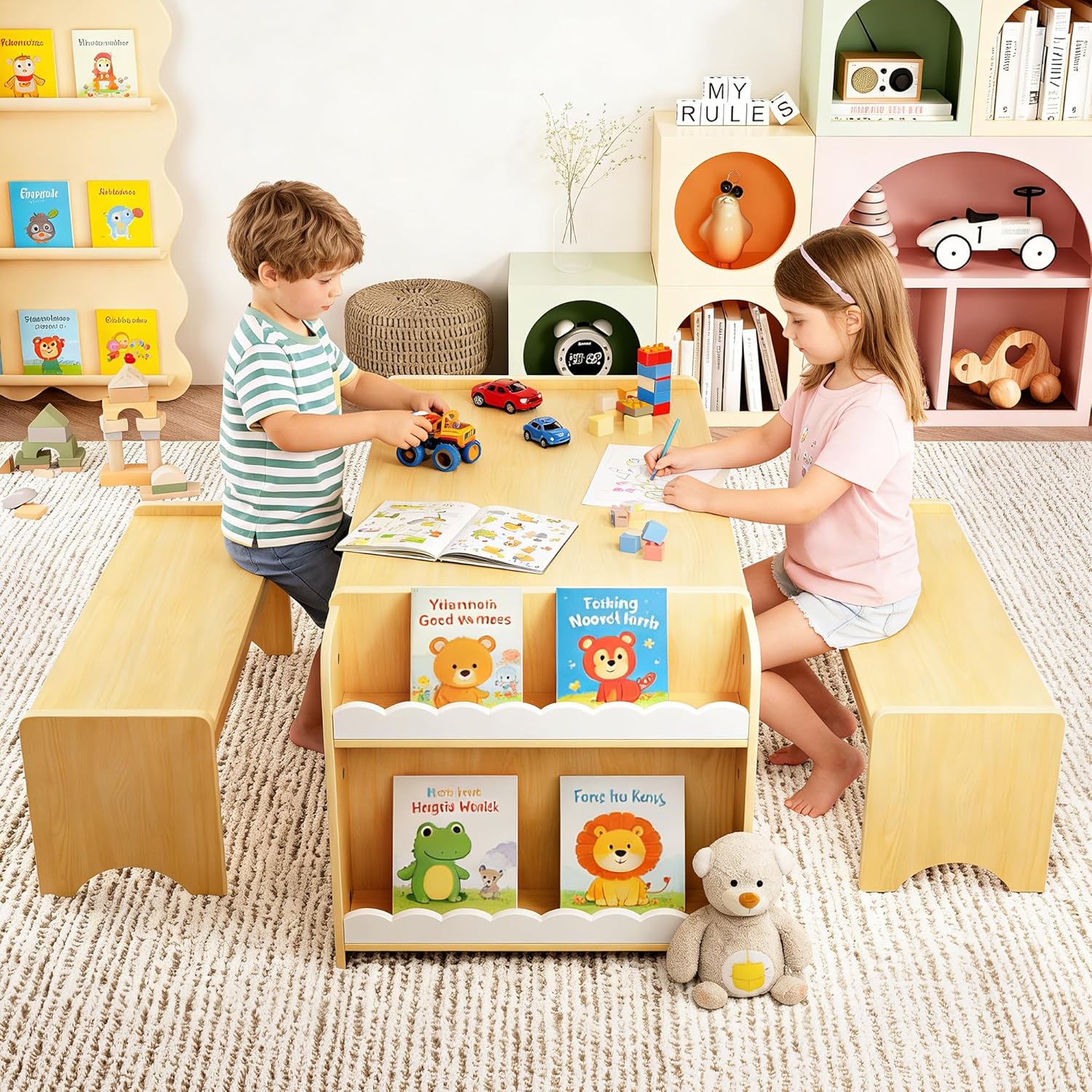 Xilingol Montessori Kids Table and Bench Set, Kids Table and Chairs Set, Indoor Kid Craft Tables with Storage, Toddler Desk for Home, Classroom, Boys, Girls (Natural)