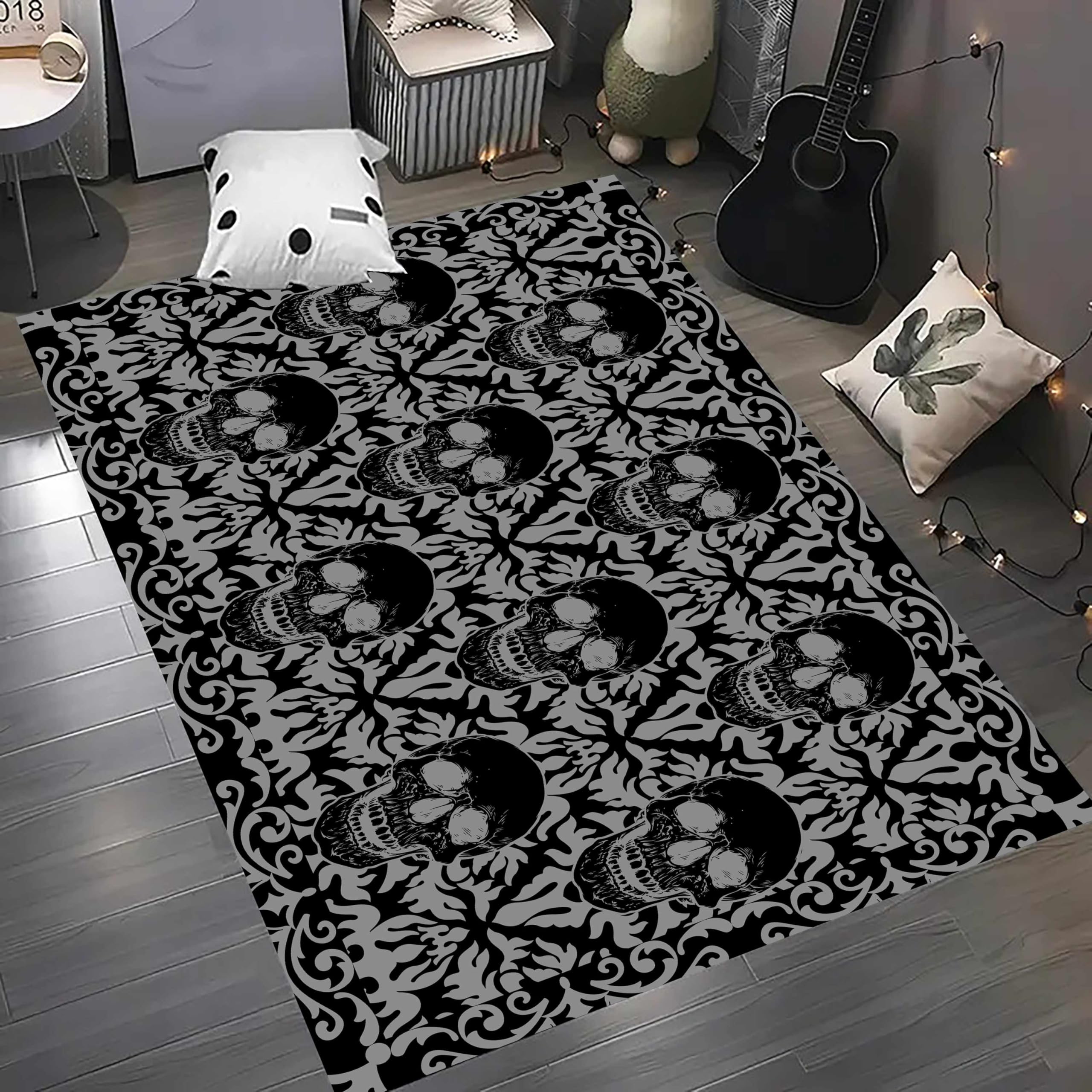 Gothic Skull Area Rug 5x8ft Vintage Black and White Snake Flowers Halloween Rug Fun Carpet Cool Rugs Horror Floor Mat Doormat Goth Room Decor for Hallway Living Room Bedroom Bedside: Skull 5 6x8ft