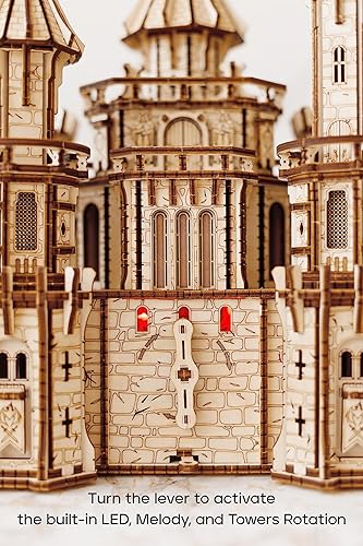 Miniatura 5 de Wood Trick Dragon Castle - Rompecabezas 3D de madera movible para adultos para construir, LED rojo, melodía Greensleeves, torres giratorias,