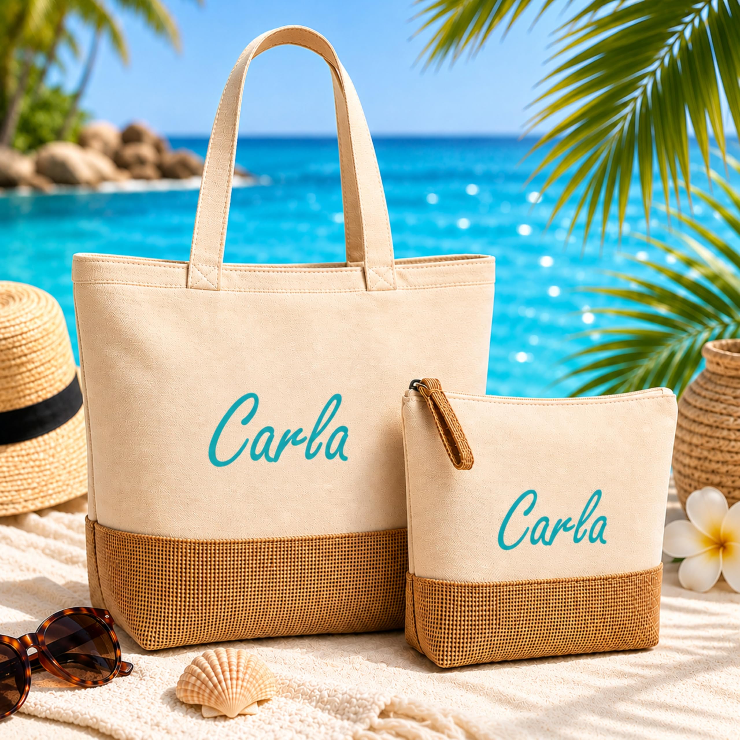 Genérico Bolsa y Neceser para Playa o Piscina - Personalizado con Nombre - Conjunto de Bolso para Mujer - Regalo para Mujer o Niña - Bolsa para Playa