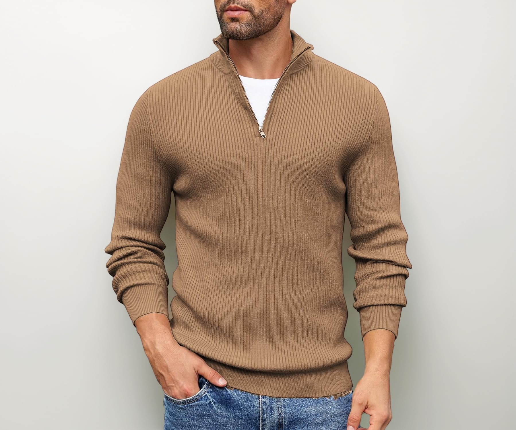 Men High Neck Zipper Full Sleeve Cotton Knitted Winter Sweater for man