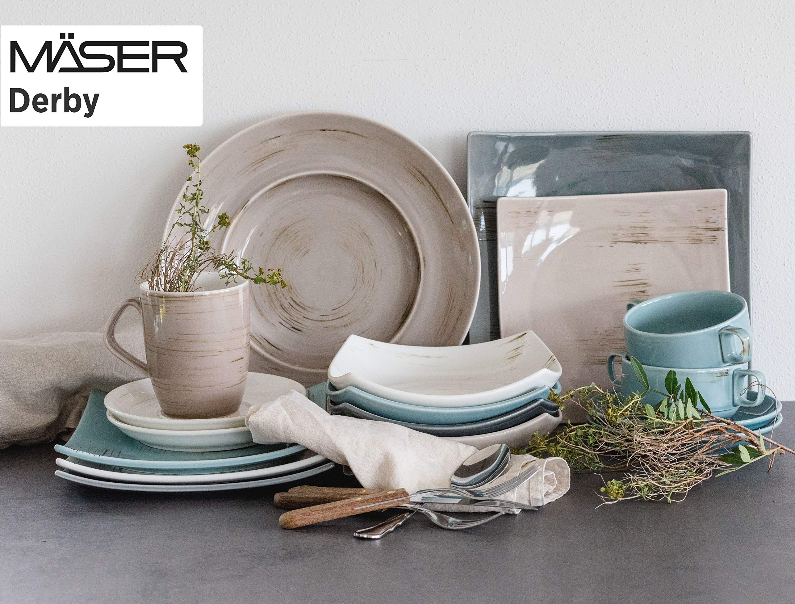Mäser Pastateller-Set, Durable Porzellan DERBY, Weiß, Beige, Grau, Blau