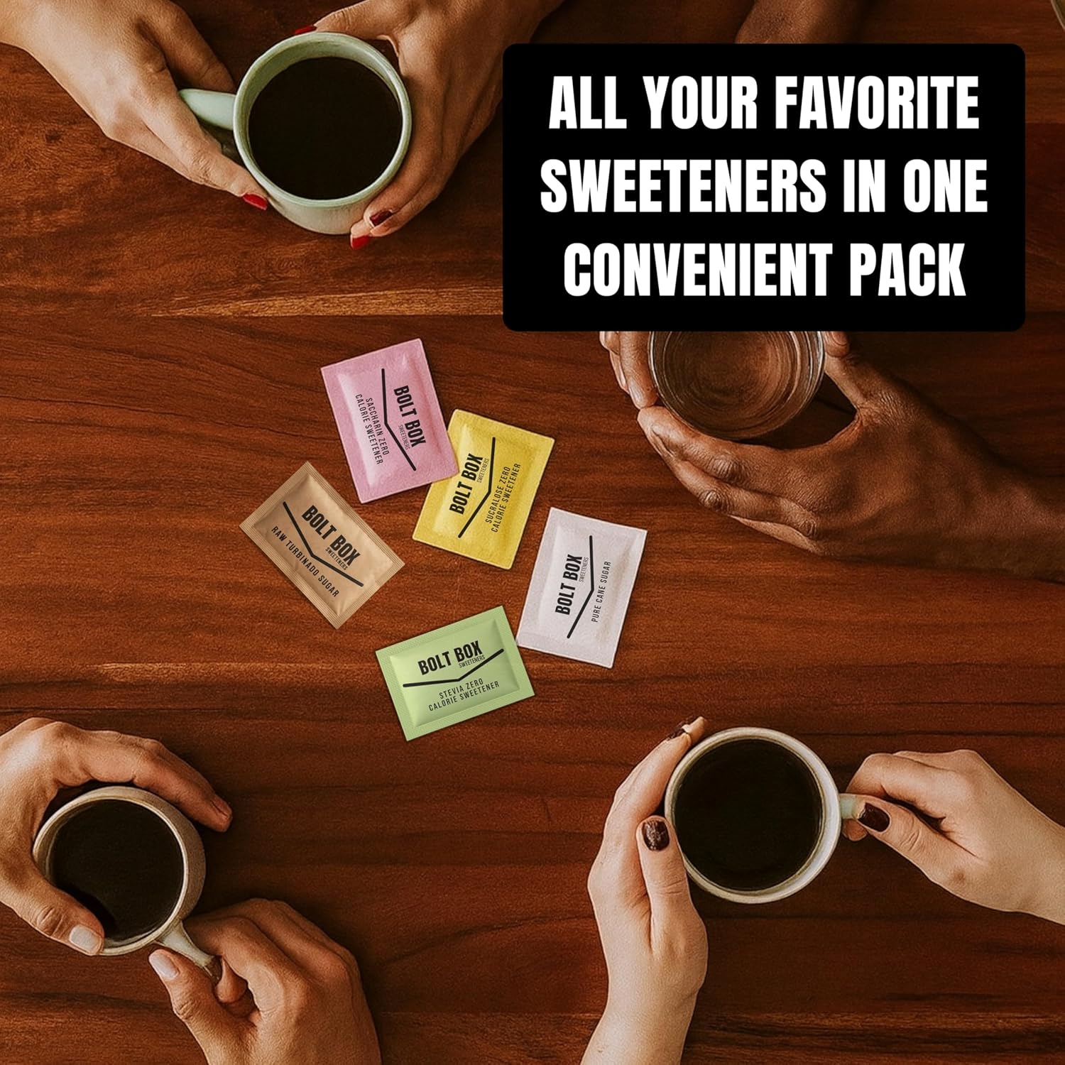 (300 total, 50 each) Bolt Box Sugar & Sugar Substitute Packets Assorted Variety Pack (Turbinado, Cane, Pink Saccharin, Yellow Sucralose, Green Stevia, Stir Straws)