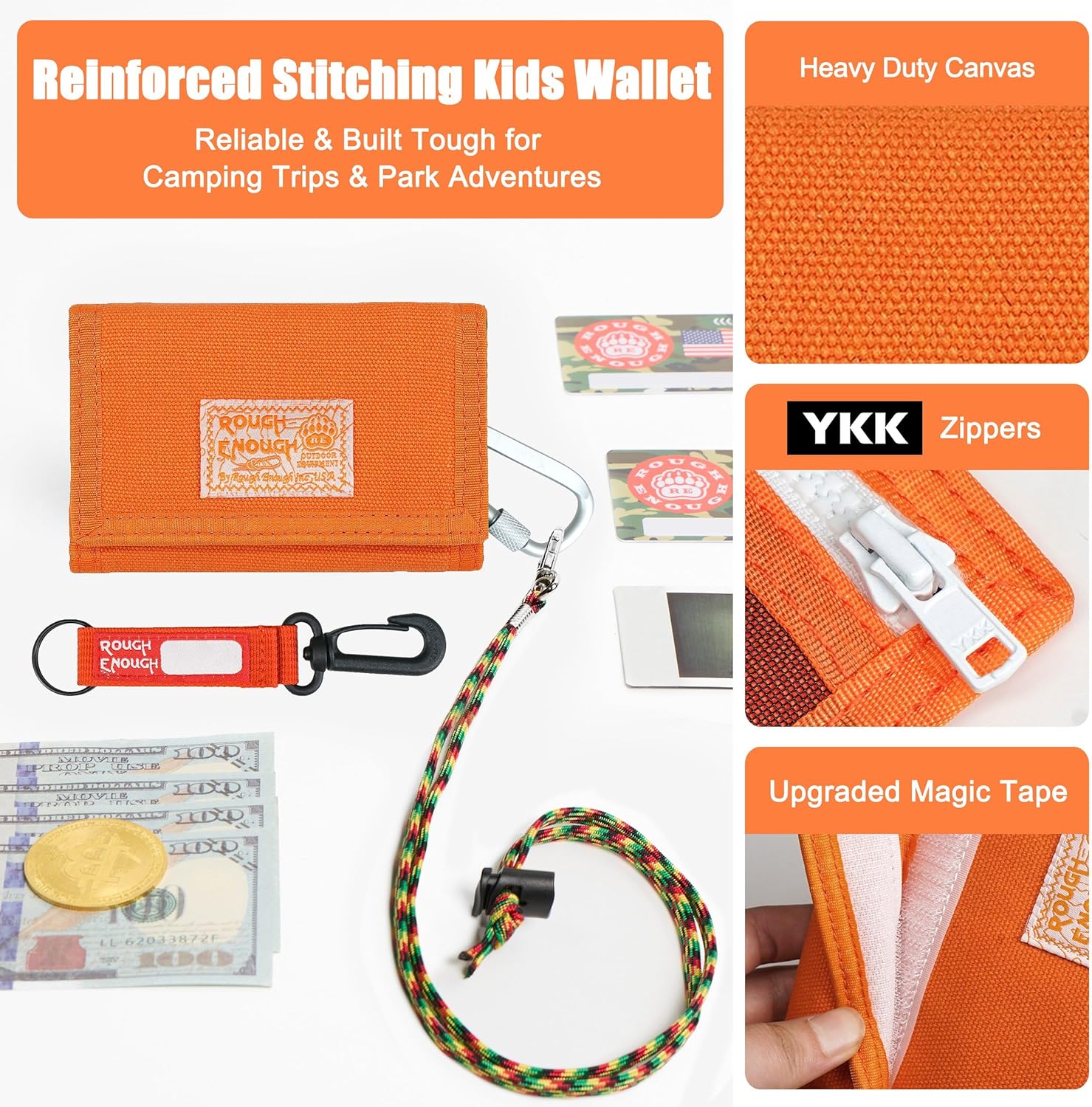 Rough Enough Kids Wallet for Boys Girls Teen with Neck Lanyard Keychain Canvas Bright Orange - Image 3