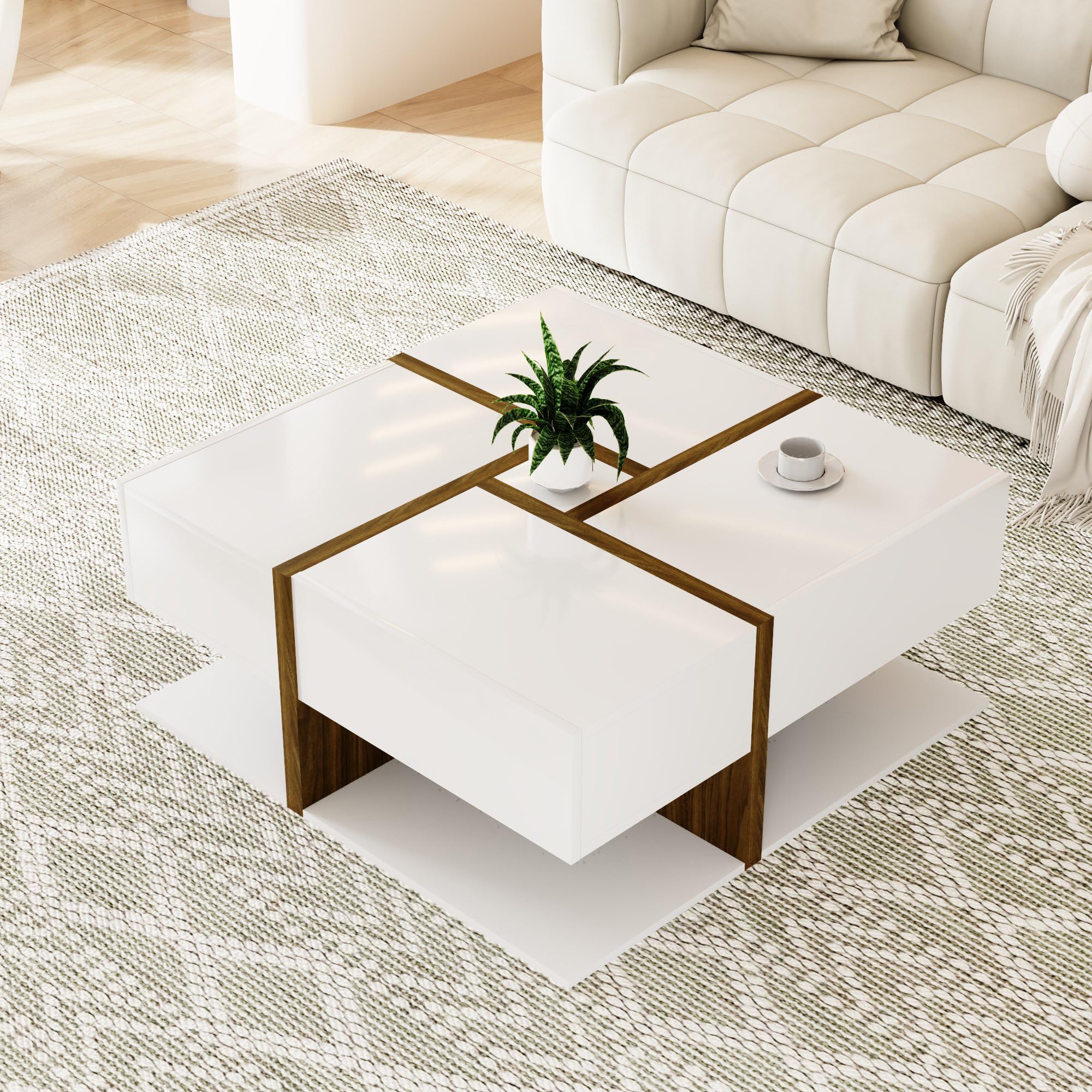Merax Table basse brillante avec 4 tiroirs et étagère inférieure, design unique de couleur et de lignes, 78 x 78 x 36 cm, blanc et marron