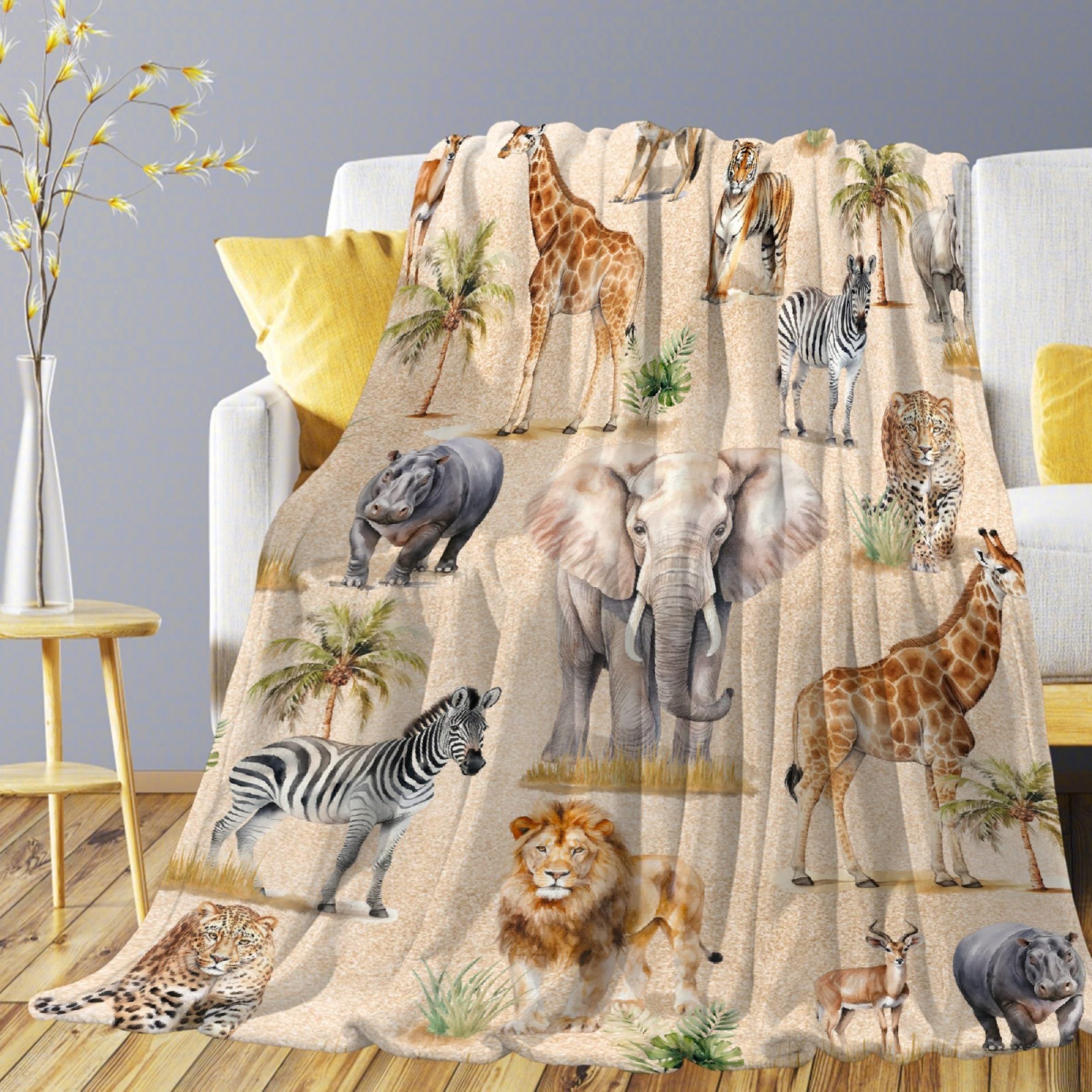 Zoo Animals Blanket Safari Animals Lovers Girl Boy Kids Gift Giraffe Zebra Elephant Tiger Rhinoceros Lion Deer Soft Throw Blanket Flannel for Bedroom Couch 40