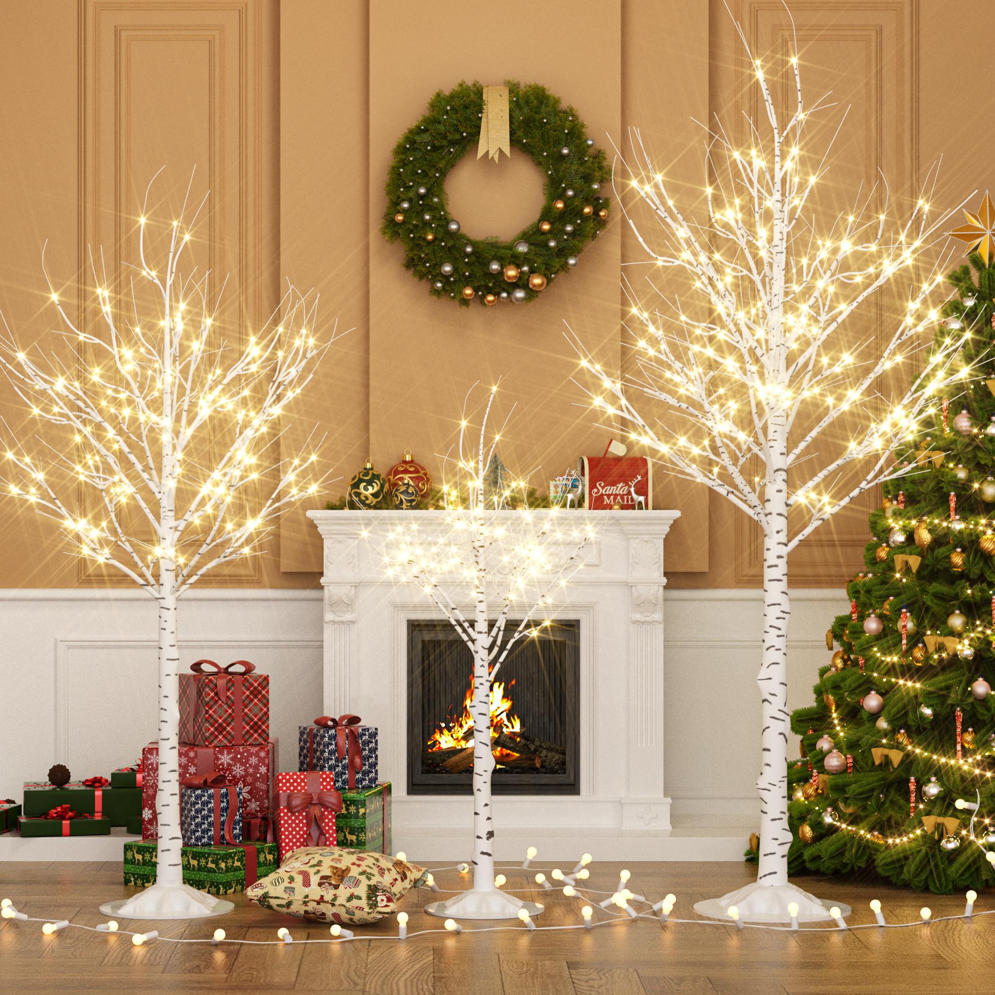 Outdoor Christmas Decorations Lighted Birch Tree Set of 3, LED Warm White 4, 6 and 8 Feet, for Indoor Christmas Decor, Party, Garden, Yard, Wedding, Holiday