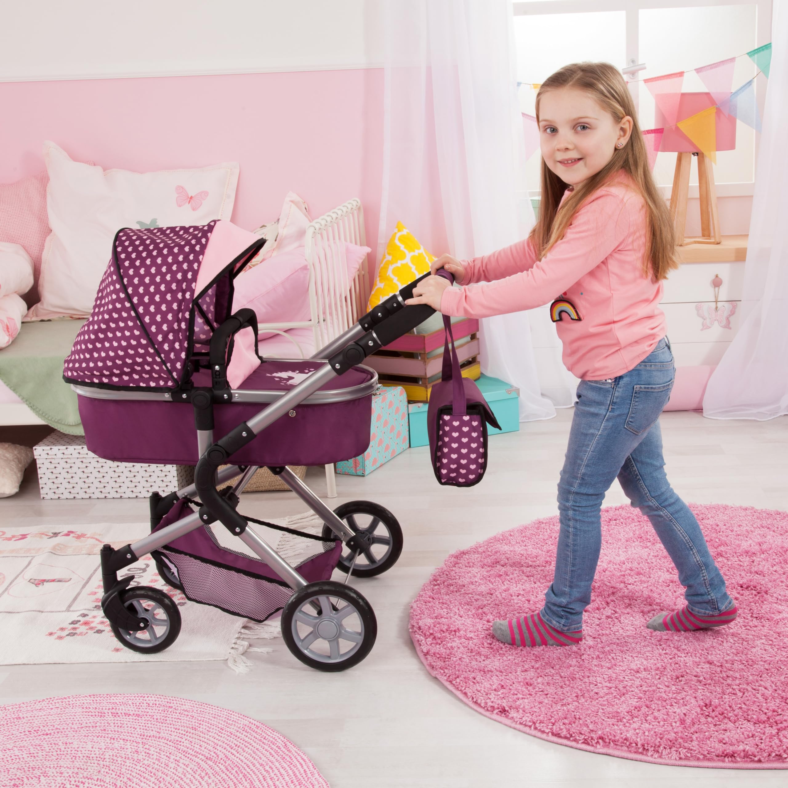 Bayer Design 18137AA City Neo Kombi Puppenwagen mit Wickeltasche, umwandelbar in einen Sportwagen, höhenverstellbar, faltbar, Pflaume, rosa, Einhorn, 52cm