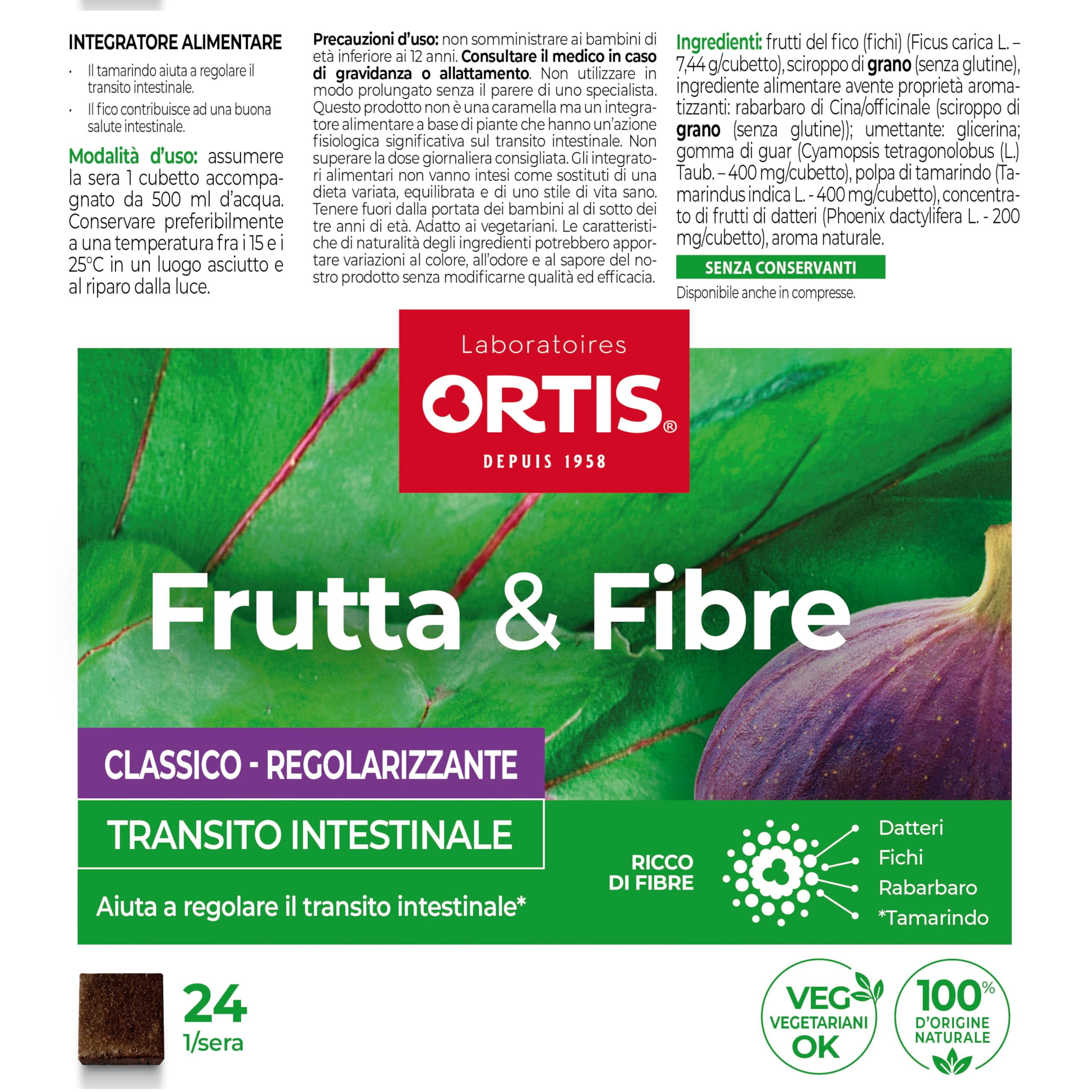 Ortis - Frutta & Fibre Classico 24 Cubetti - Integratore Alimentare Che Aiuta a Regolare il Transito intestinale - Pigrizia intestinale Frequente -100% Naturale a Base di Rabarbaro e Fichi