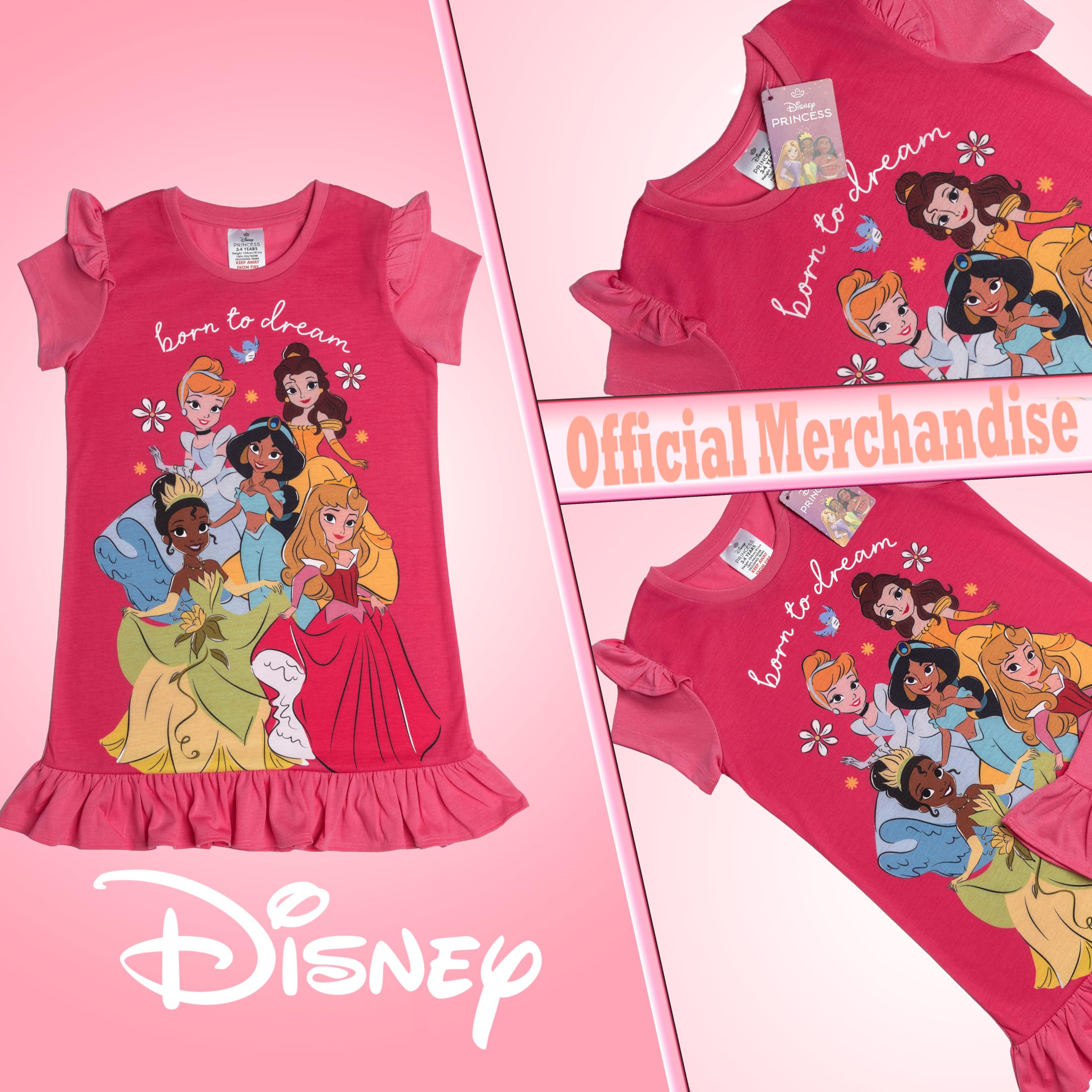 Disney Chemise de nuit princesse à volants Cendrillon Belle Tiana Jasmin Aurore Pyjama Nuisette
