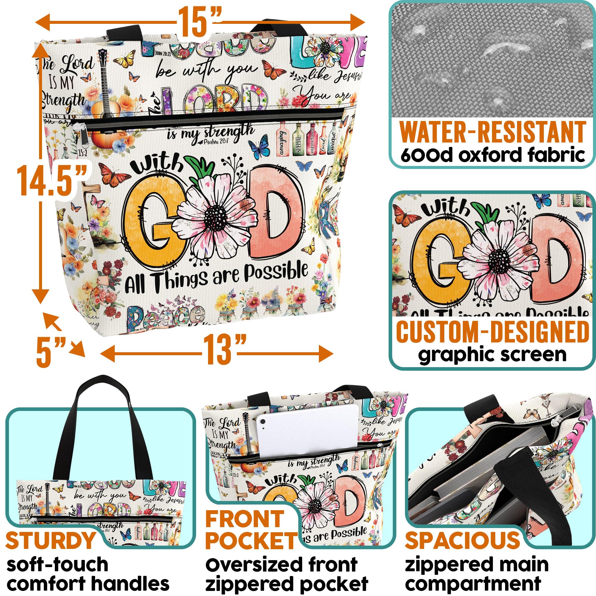 84hoods 15 inch Large Tote Bag for Work for Women. Christian Faith, Jesus God Religious Gift. Waterproof Shoulder Bag Aesthetic Bag with Pockets and Zipper. All Things are Possible with God.