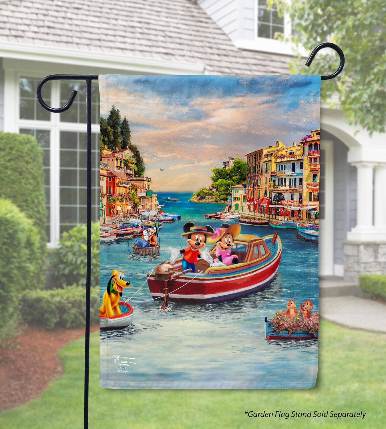Flagology, Thomas Kinkade Disney Mickey Mouse and Minnie Mouse in Italy Garden Flag 12" x 18", Outdoor Flag, Outdoor Décor Yard Flag, Officially Licensed Thomas Kinkade, Summer