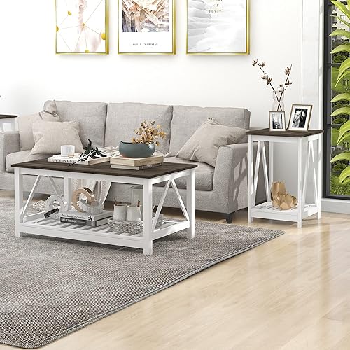 Juego de mesa auxiliar y mesa auxiliar de granja para sala de estar, juego de mesa de madera de 2 niveles con base de listones, roble oscuro