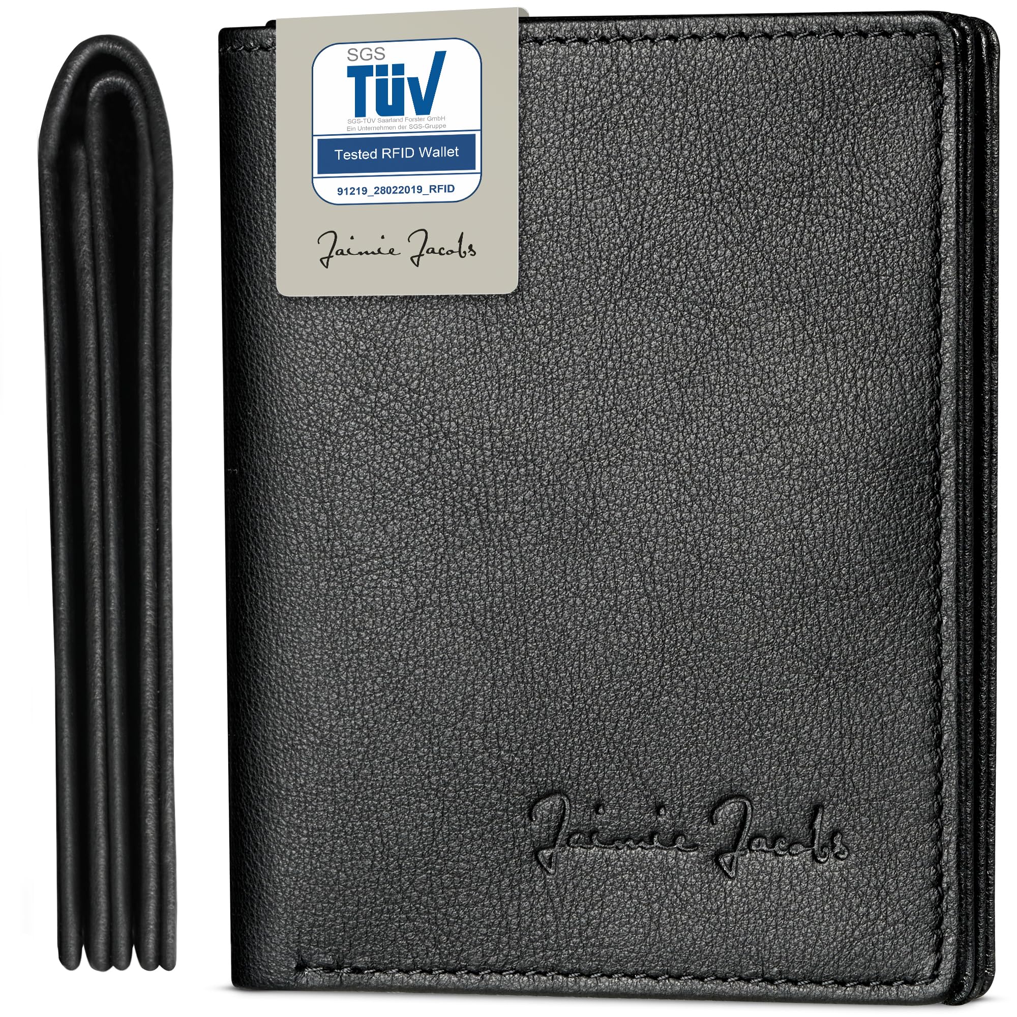 JAIMIE JACOBS SLIMSTAR mit großem Münzfach dünne Geldbörse Leder Slim Wallet Hochformat Geldbeutel Herren (Schwarz)