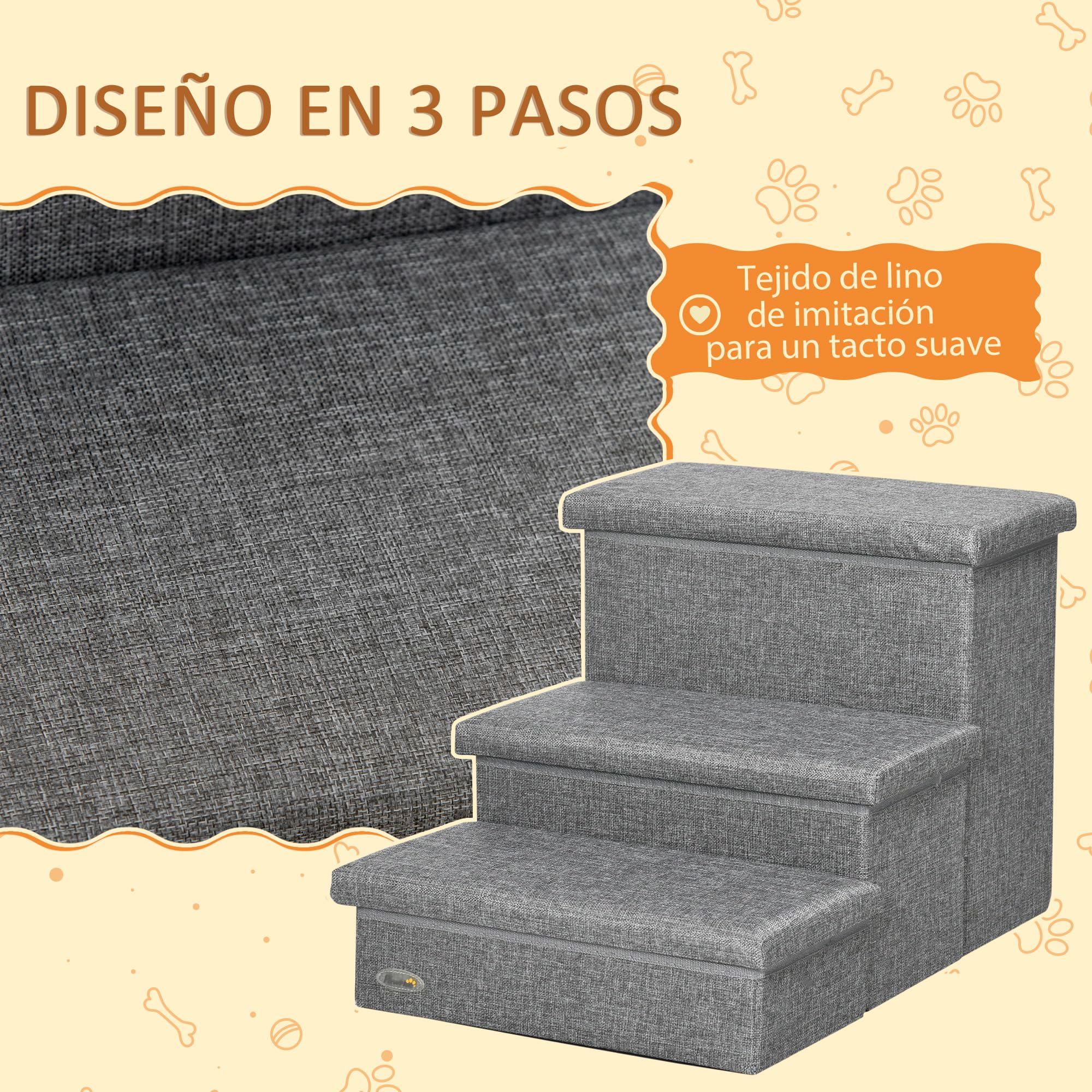 PawHut Escalera para Mascotas para Perros Gatos 63,5x42,5x40,5 cm Gris | 3 Peldaños, Escalones, con Tapas Abribles, Espacio de Almacenamiento
