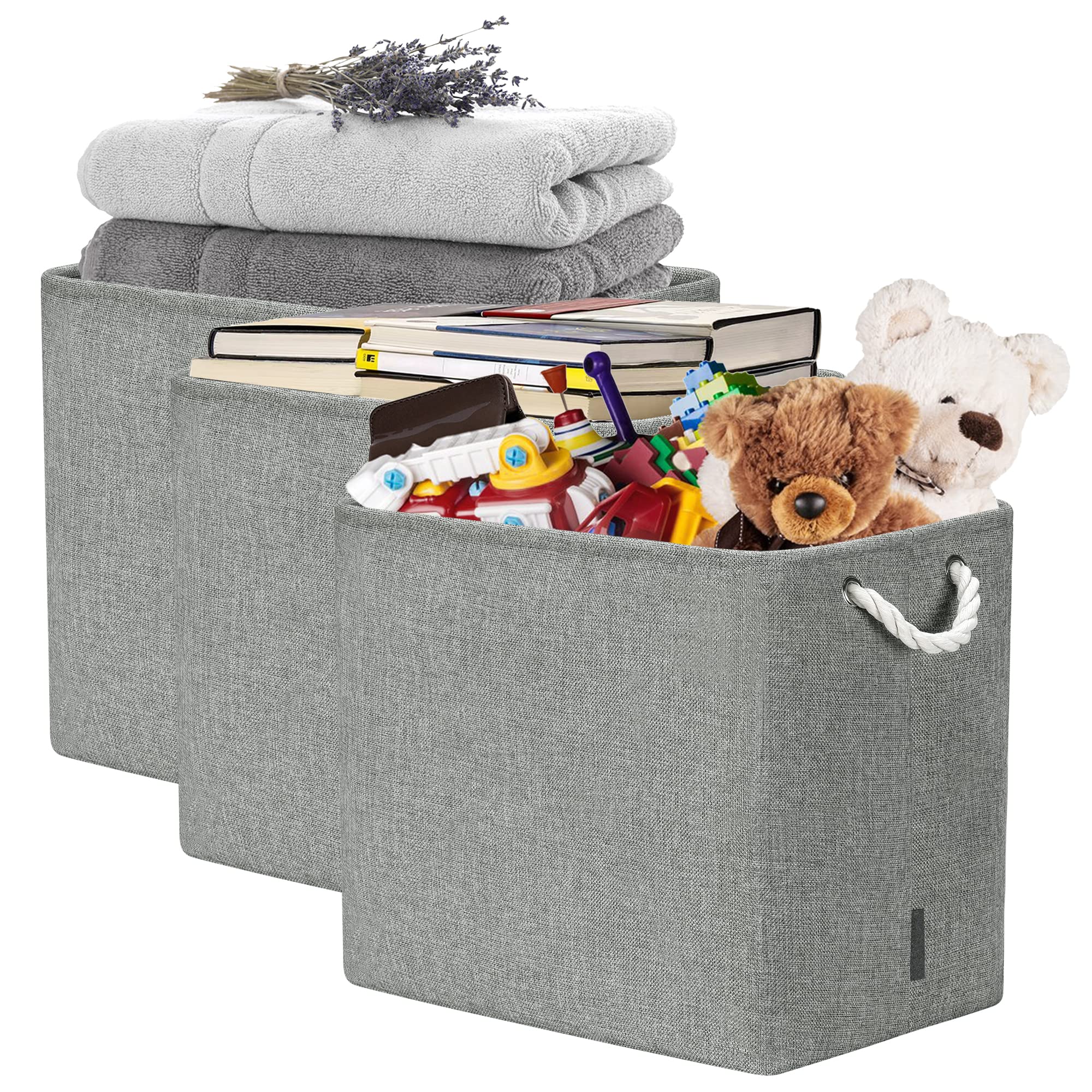 KITCSTI Storage Baskets for Organizing, Extra Large Rectangular Storage Bin, Fabric Folding Organizer for Closet, Toys, Clothes, Home, Office, 17x12x15 Inches (Grey, Pack of 3)