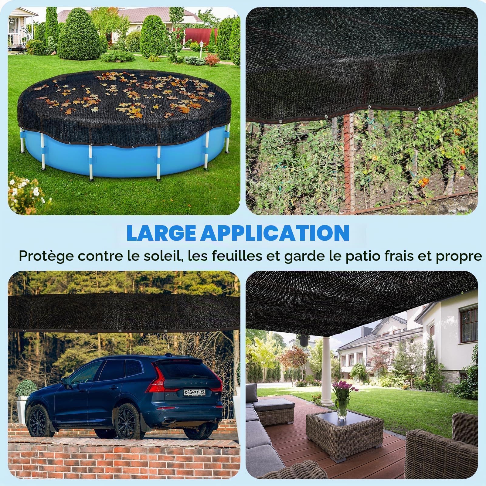Bâche de Protection en Maille pour Piscine Hors Sol pour Attraper Les Feuilles en Hiver – Filet de sécurité en Maille pour Piscine de 5,5 m – Pare-Soleil de Jardin Noir avec œillets