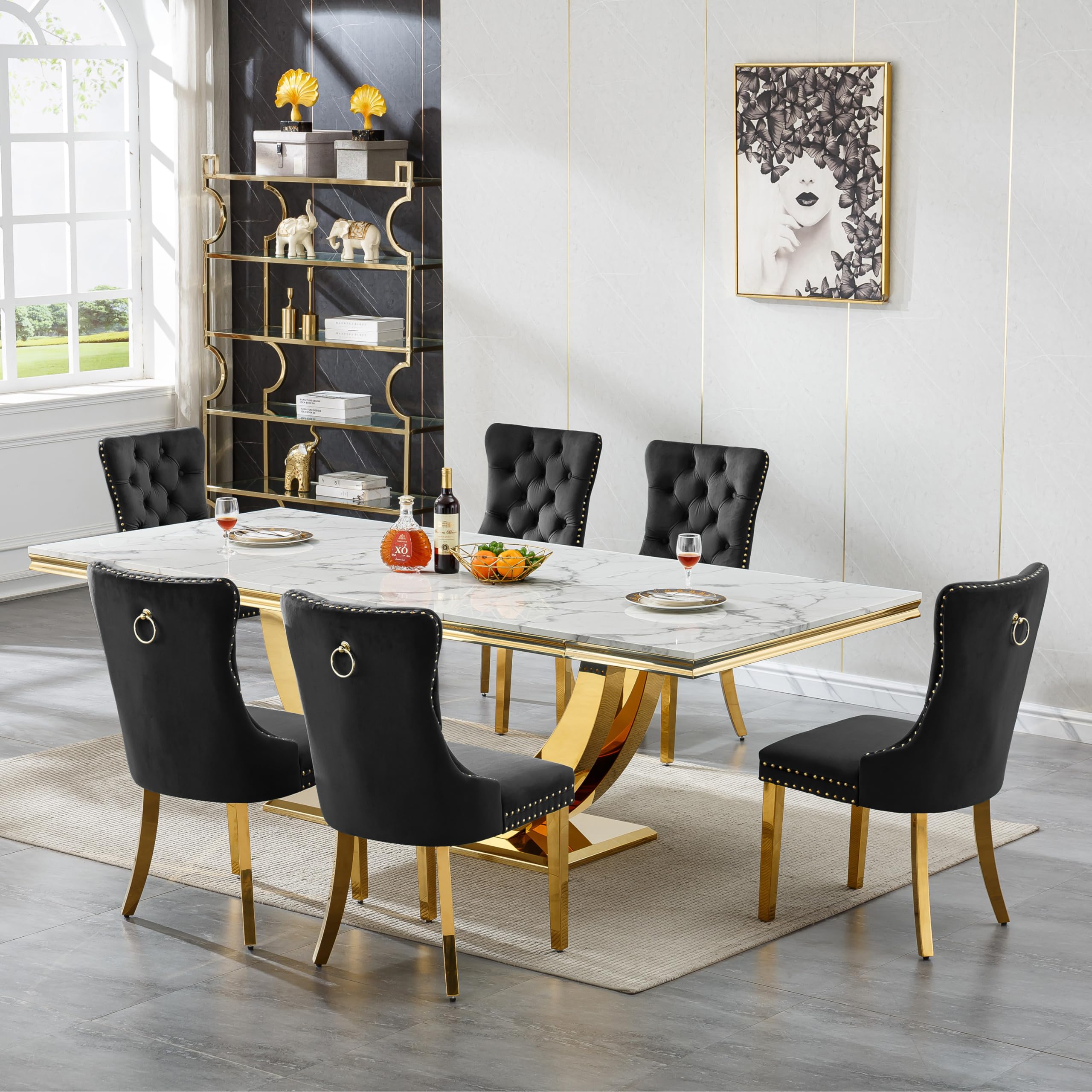94.5" Large Marble Dining Table Set for 6, Luxury White Gold Kitchen Table with 6 Black Velvet Dining Chairs, Modern Fuax Marble 7-Piece Dining Room Table Set for 6 w/Stainless Steel U-Base