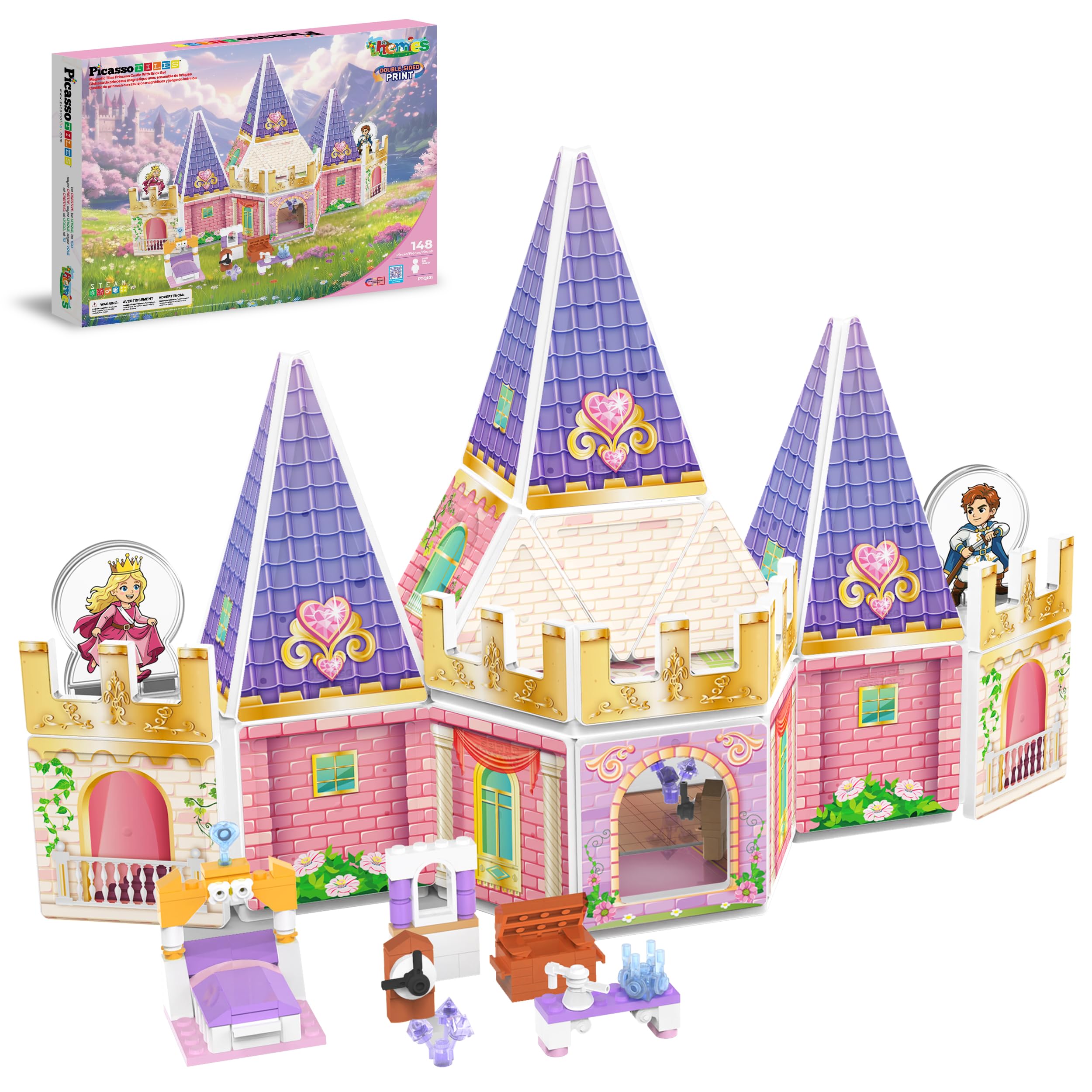 148pc Magnetic Tiles Princess Castle Brick Block Toy Ages 3+ | 2 Royal Figures, Reversibl…