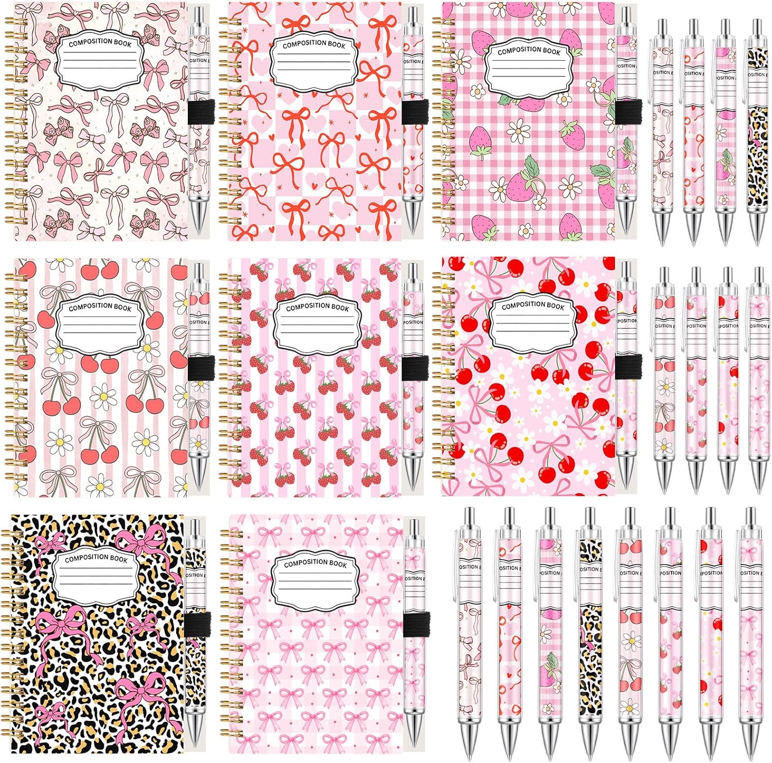 Eaasty 24 Pack Pink Bows Composition Notebooks Bulk Including Bow Spiral Notebook and Black Ink Ballpoint Pens Coquette Bows Back to School Graduation Gift for Girls Women School Office Supplies