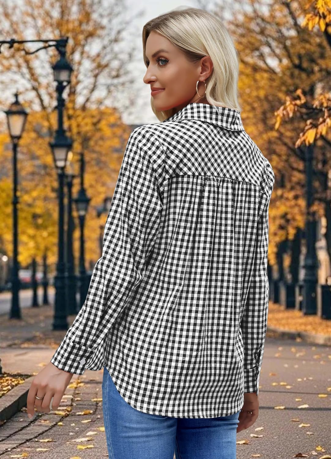Women Slim Fit Cotton Gingham Button Down Shirts Casual Blouses Tops Work Summer Clothes Fashion Outfits - Image 3
