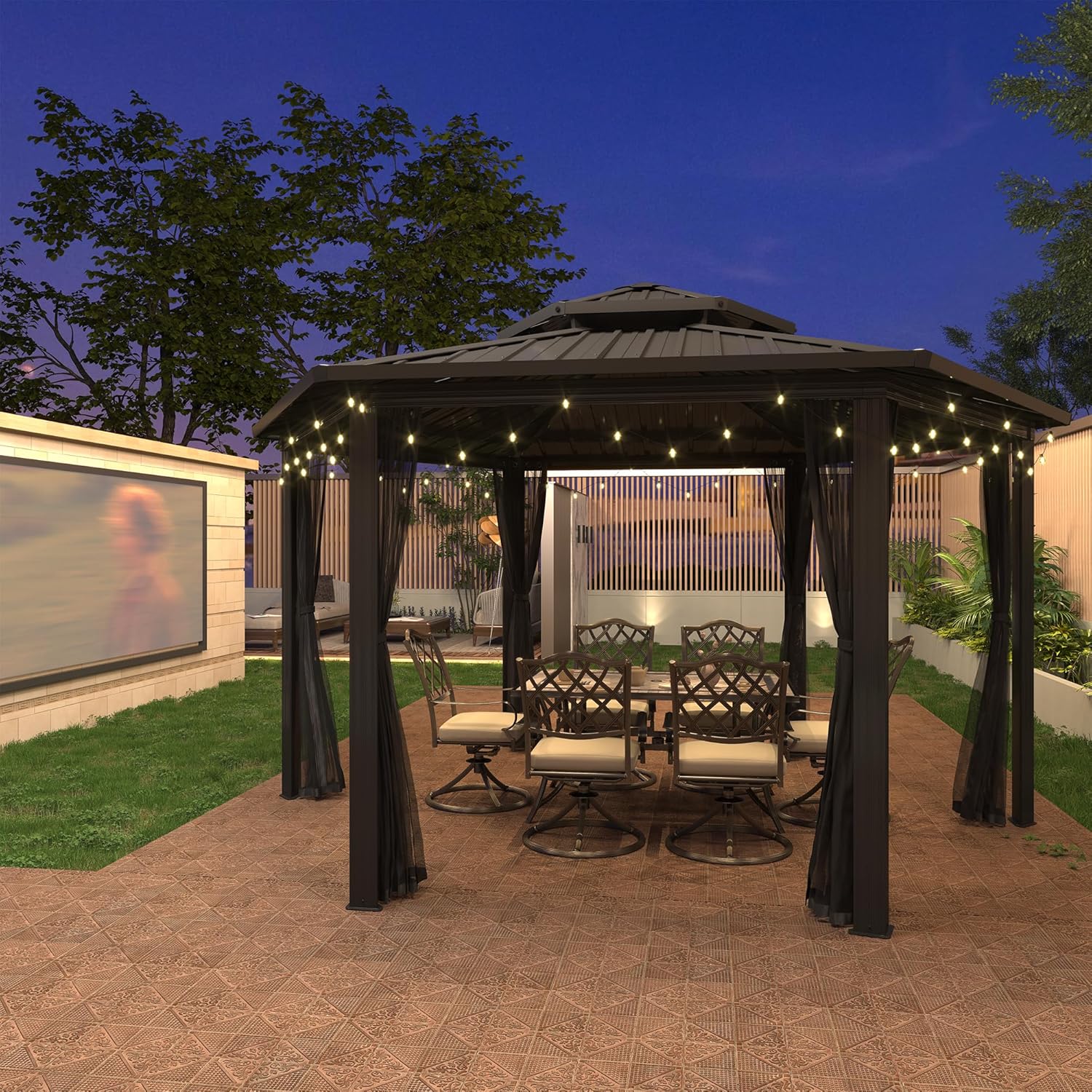 Gazebo at night with string lights and outdoor furniture, creating an inviting atmosphere