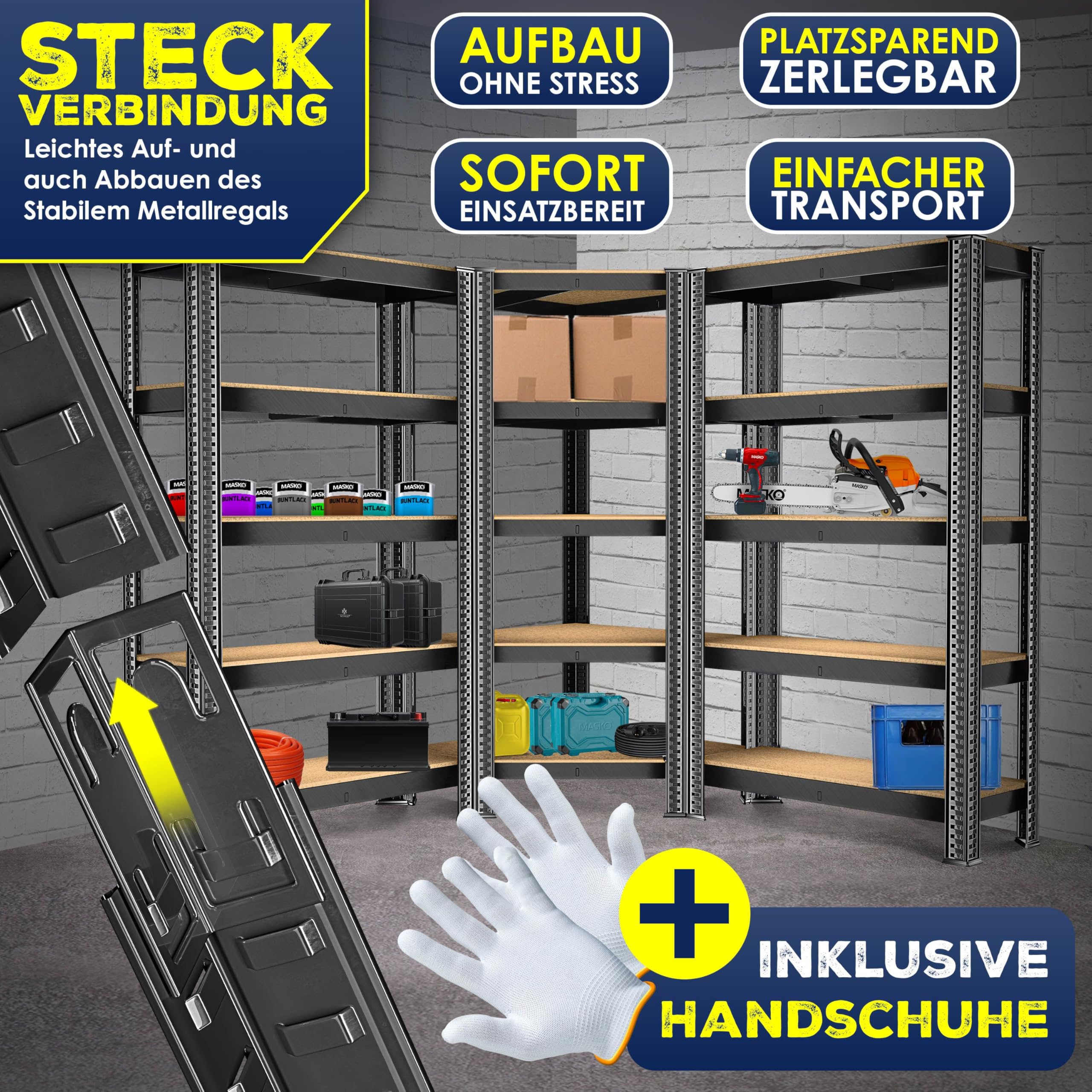 MASKO® Jeu de 3 Étagères en Métal - 1 Étagère d'Angle & 2 de Stockage | 15 Plaques MDF | Capacité 2625 kg | Étagère d'Atelier - Noir