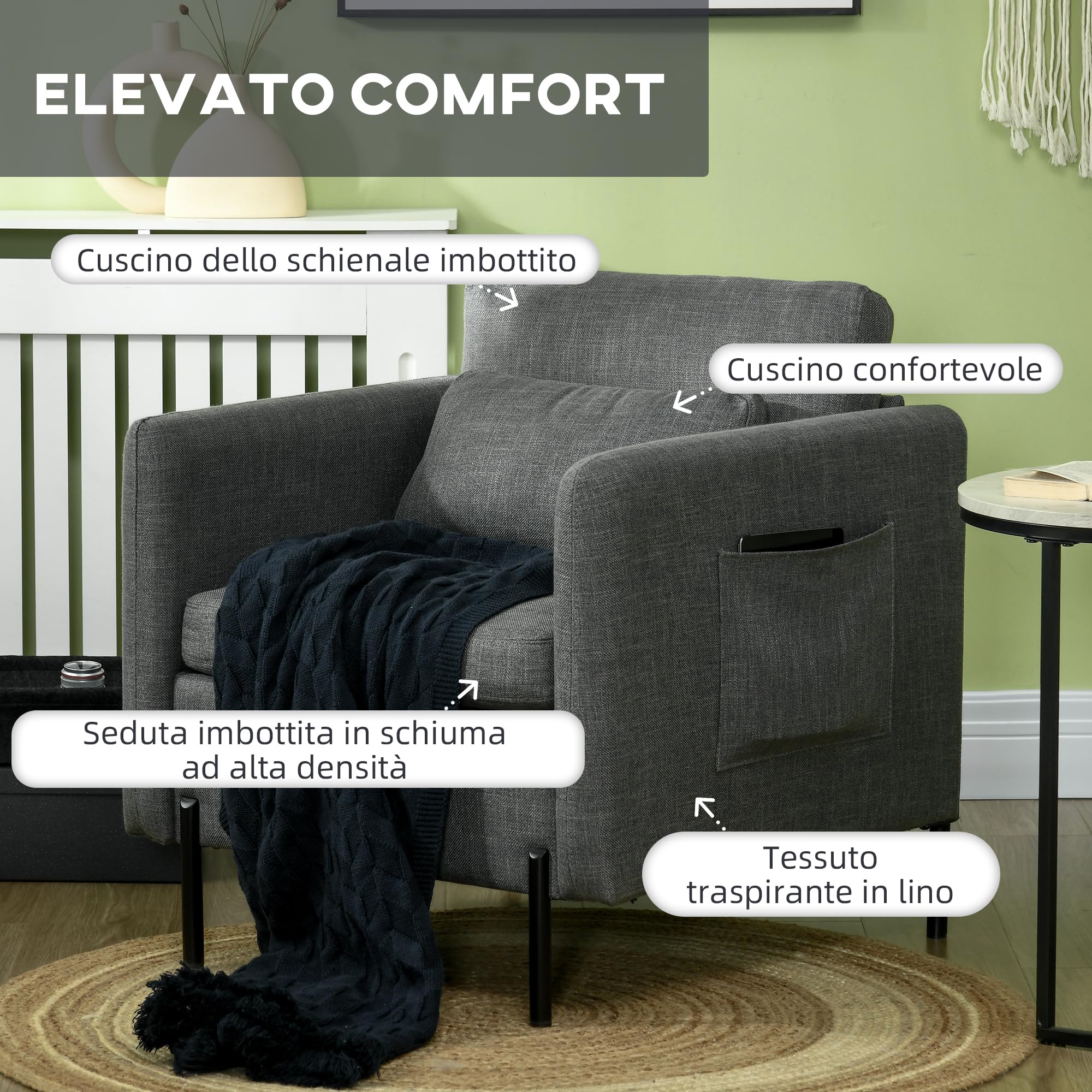 HOMCOM Poltroncina Moderna in Tessuto Effetto Lino con Gambe in Acciaio e Tasche Laterali, 73x73x80cm, Grigio