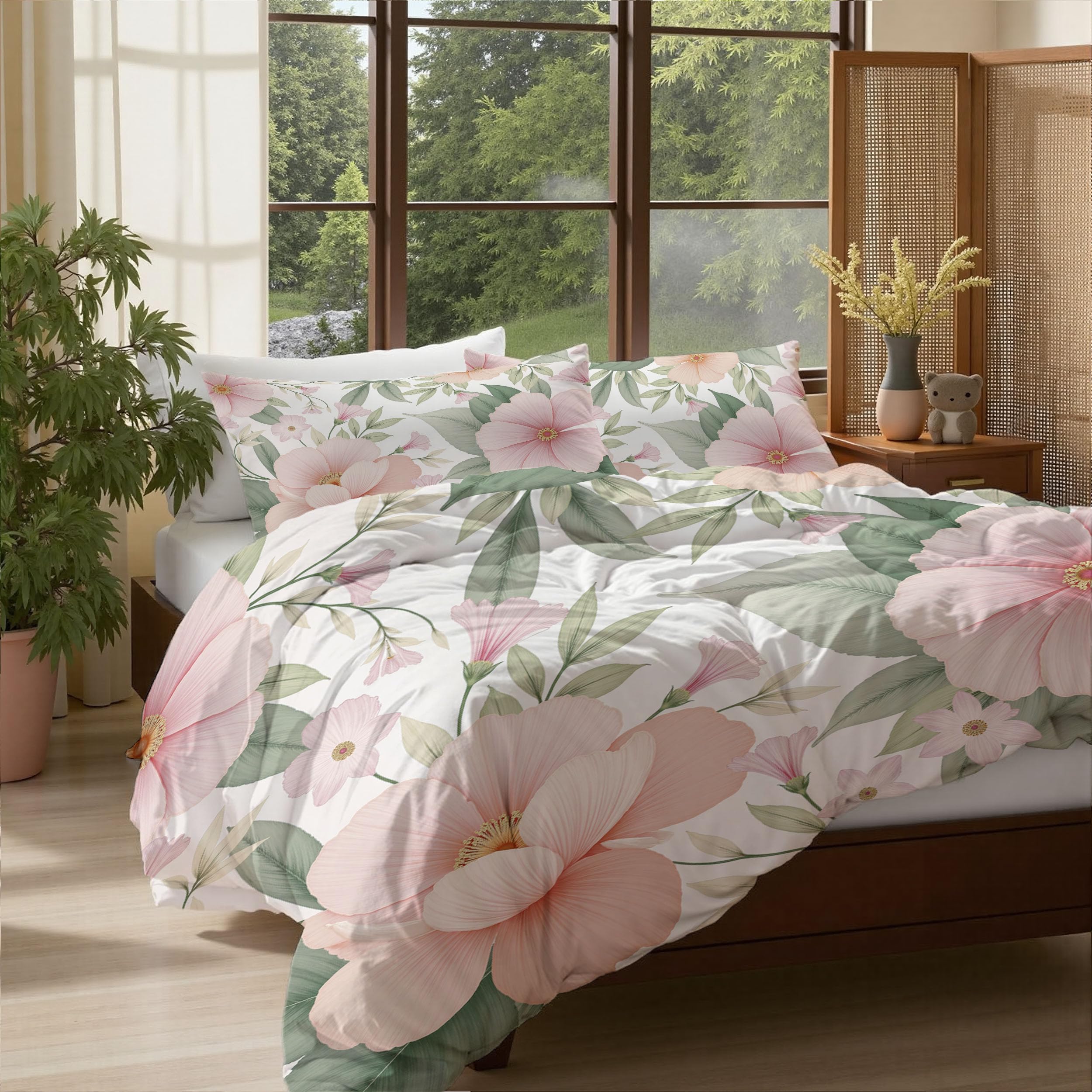Parure de lit 220x240 fleurs romantiques avec housse de couette beige microfibre
