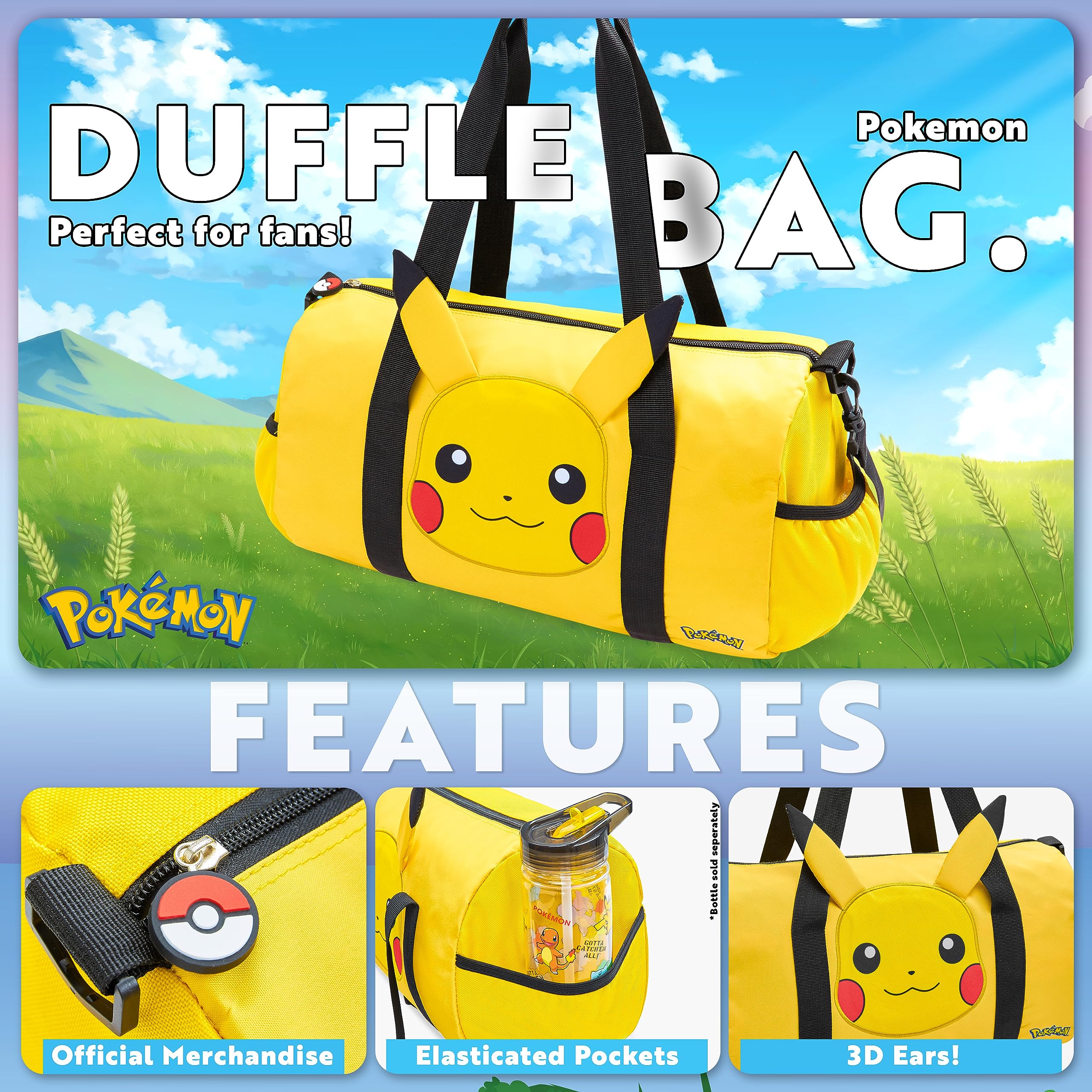 Pokémon Torba Podróżna dla Dzieci - Gimnastyczna, Przez Noc, Sportowa, Pikachu Football Kit Holdall - Prezenty dla Chłopców, Jeden Rozmiar, Żółte Uszy 3D