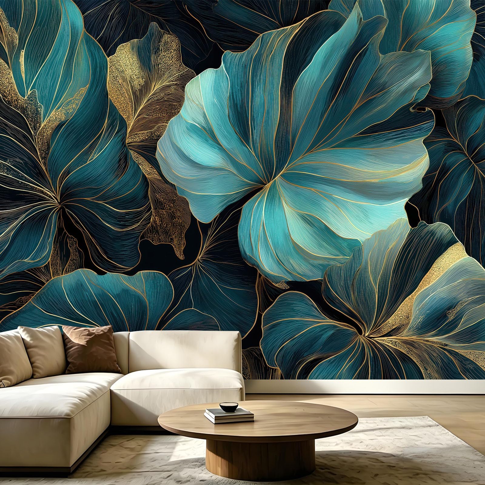 Fototapeta do salonu, rośliny, liście, złote linie, 300 x 210 cm, nowoczesny design, druk 3D, tapeta na flizelinę, tapeta ścienna do sypialni, pokoju dziecięcego, tło TV, tapeta z włókniny