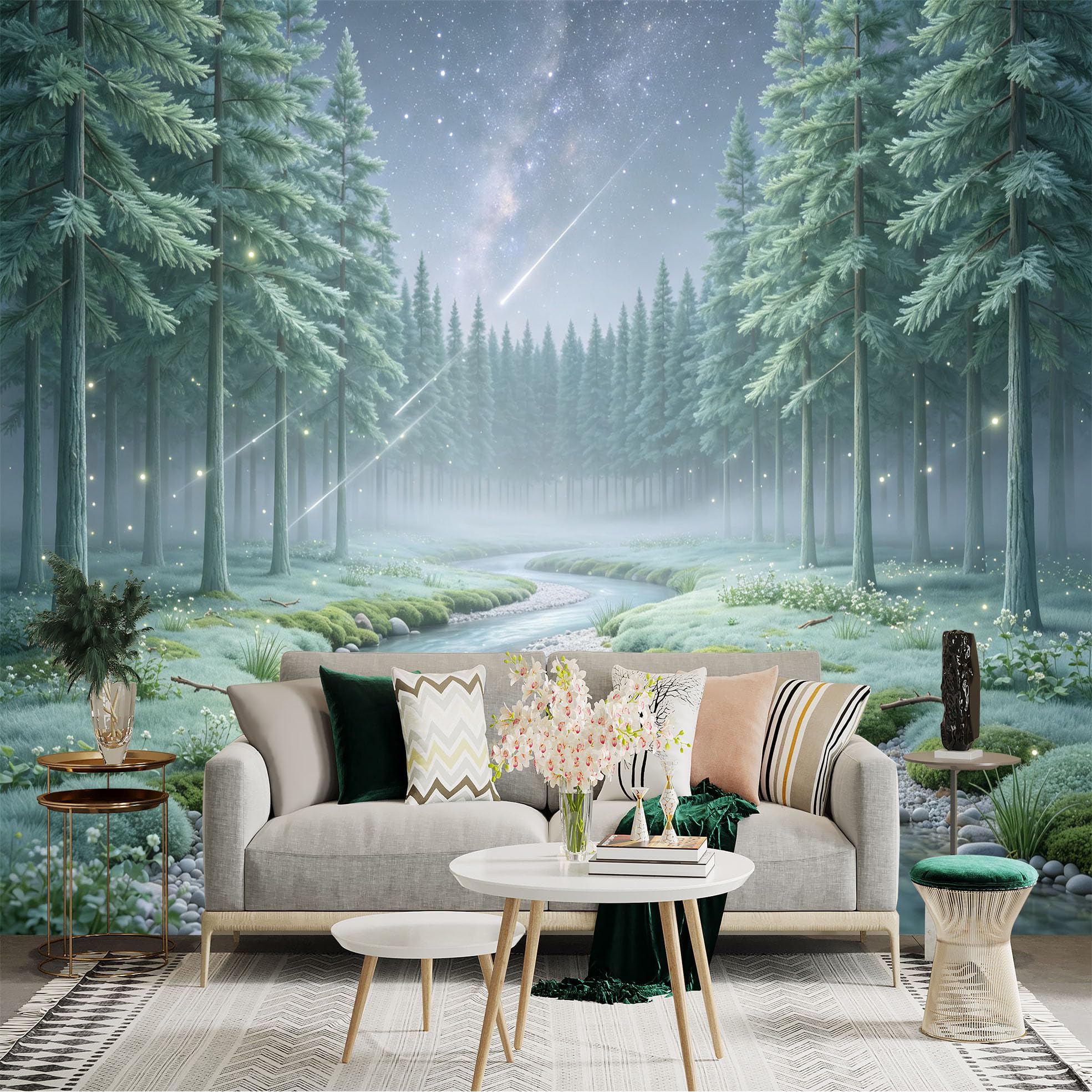 Lnzczhyre Bh260719497 Custom Size Wall Sticker Mural， Misty Forest Landscape， Flowing River， Milky Way Night Sky， Glowing Fireflies， For Wall Decoration， Peelandstick Wall Decals.