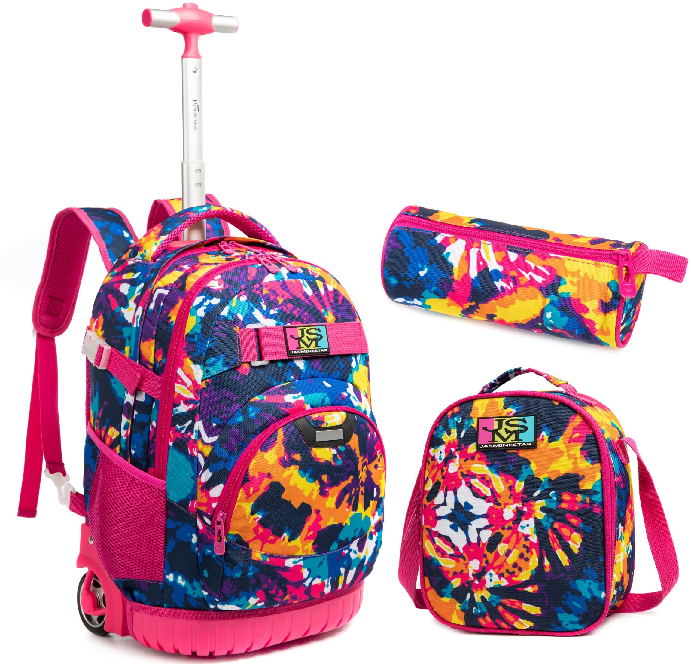 JasminestarRolling Backpack 18 inch Wheeled Kids Backpack with Lunch Bag and Pencil Case for Boys and Girls