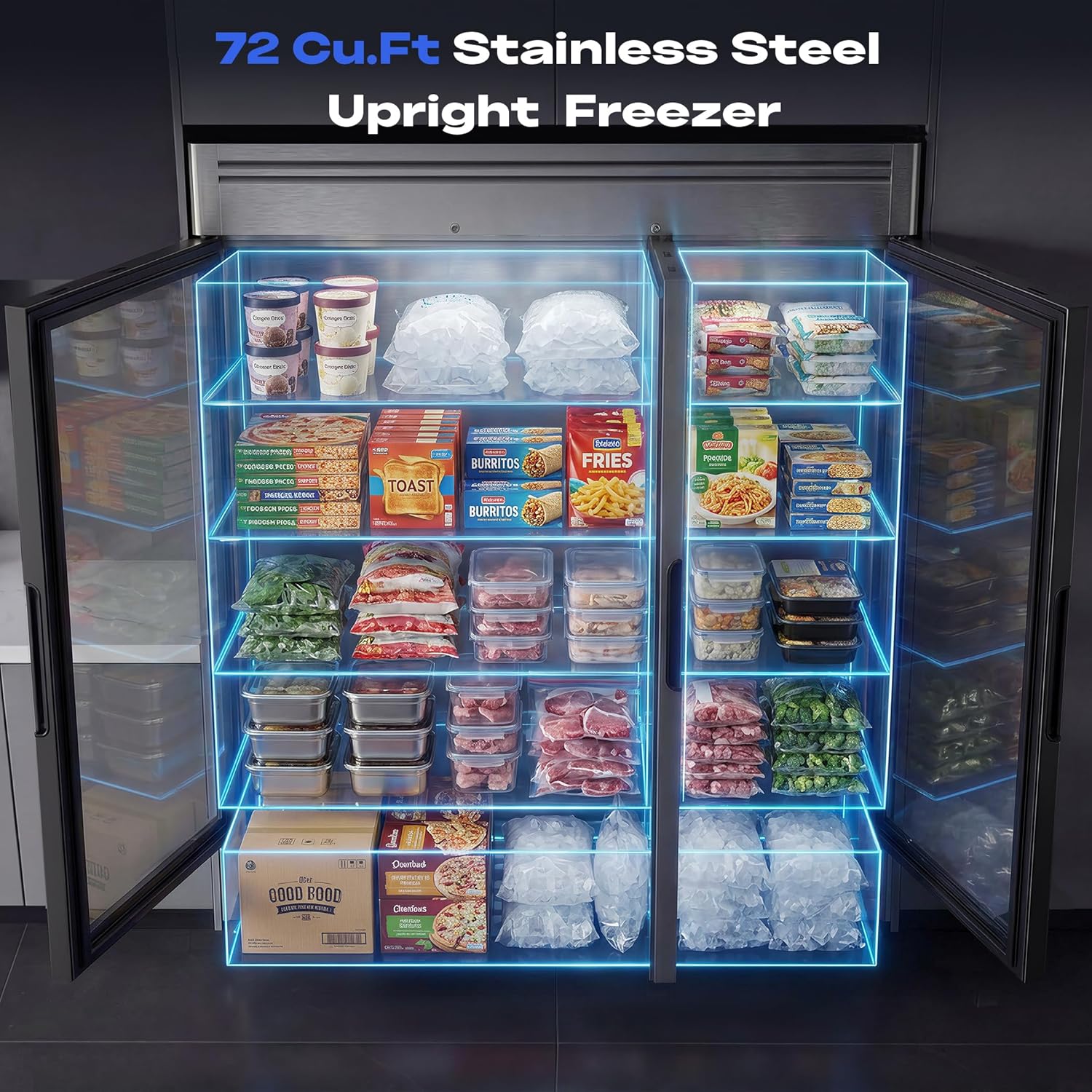 Coolake 82" Commercial Freezer 3 Glass Doors, 72 Cu.ft Stainless Steel Reach-in Merchandiser Display Freezer with LED Light, -8 to 0℉ Fan Cooling Upright Freezer for Restaurant Kitchen Garage Store