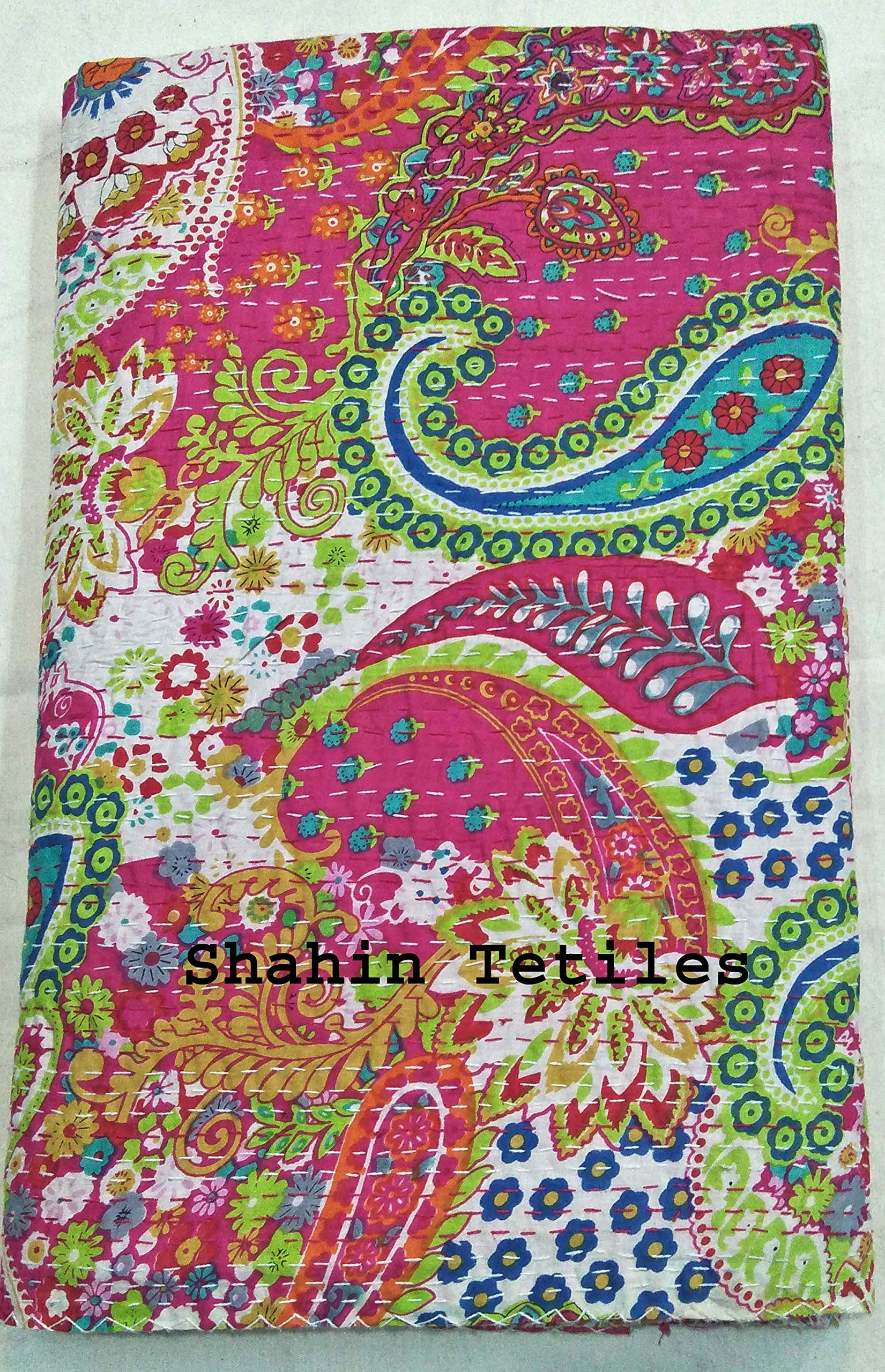 TI AMO Handmade Multi Color Printed Kantha Quilt 60x90 Inch Kantha Coverlet Throw Kantha Gudari-image-40