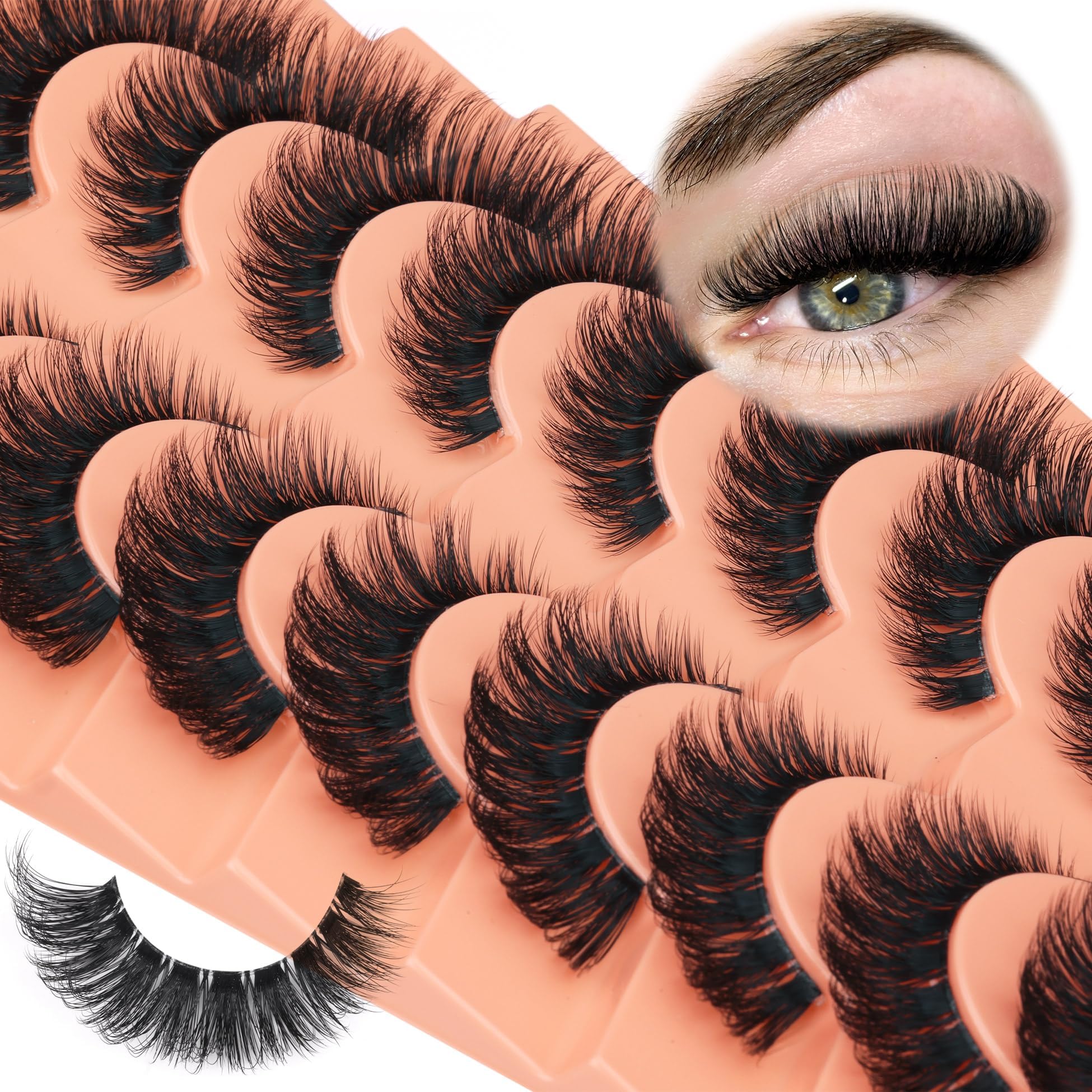 Fluffy Lashes Russian Strip Eyelashes Cat Eye False Lashes D Curl Wispy Volume Fake Eyelashes Natural Look Lash Strips 9 Pairs Pack