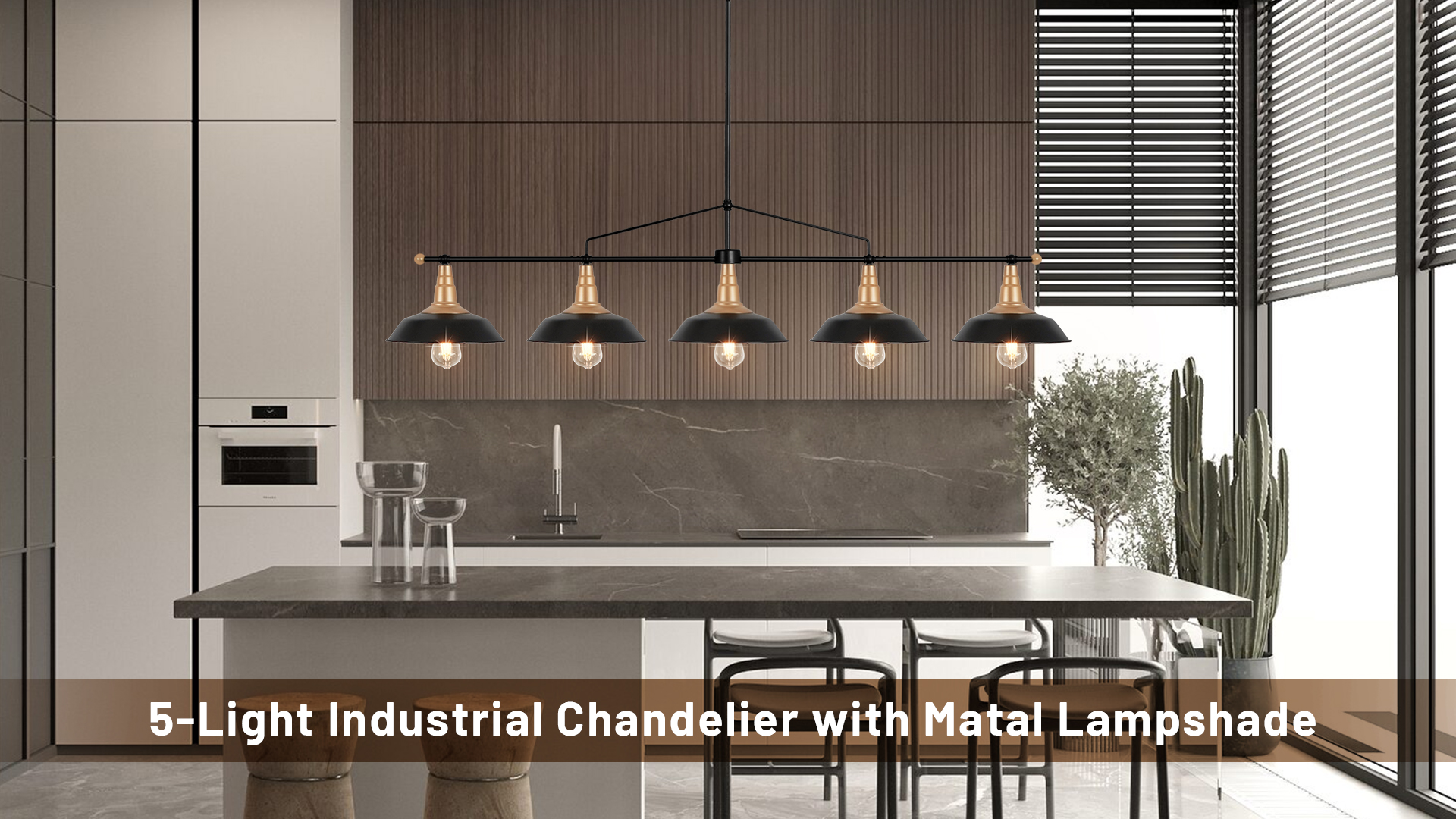 Image of Modern Linear Chandelier 5-Light Black and Gold Chandelier Dia 61''