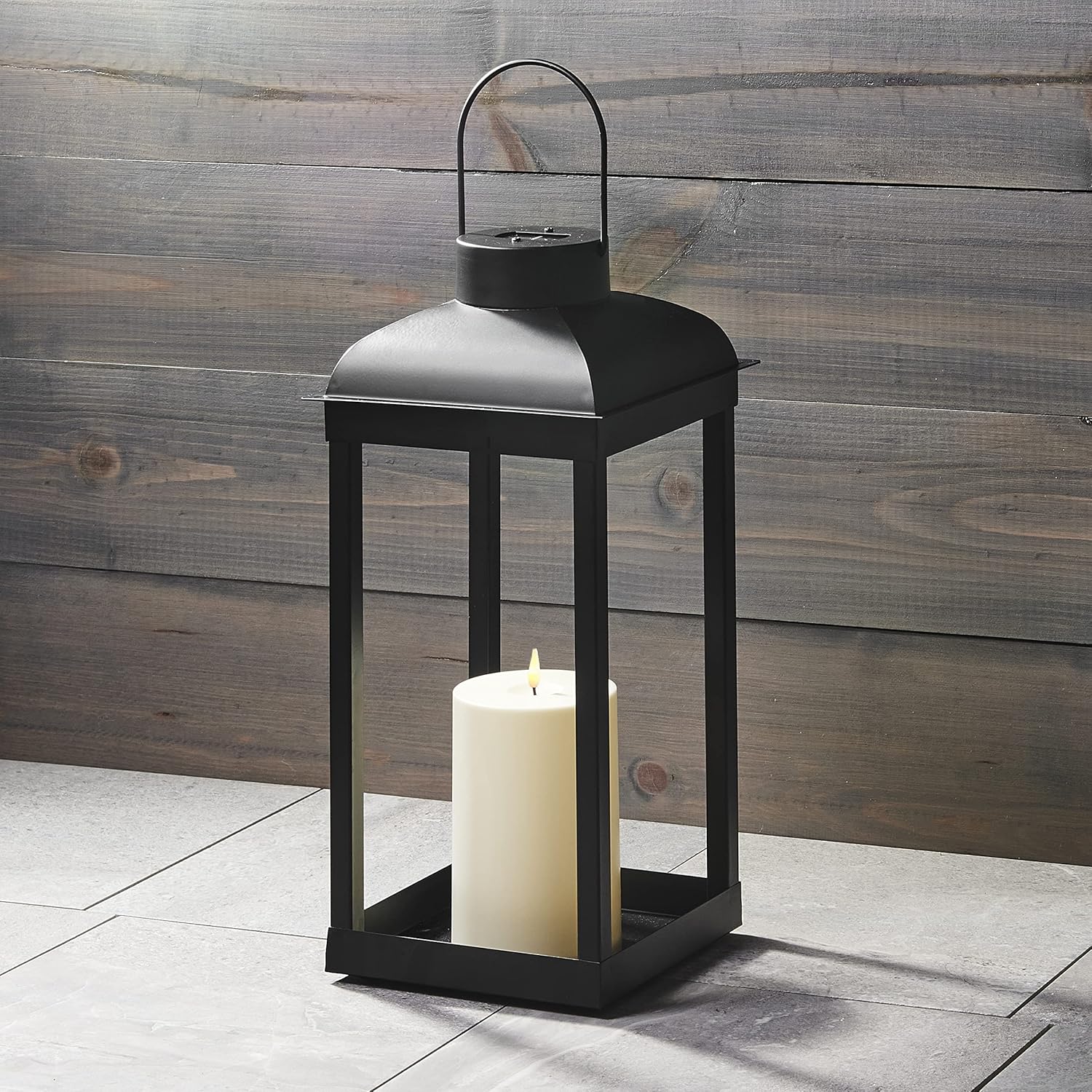 Outdoor Candle Lantern, Solar Powered - 15 Inch Tall, Black Metal, Open Frame (No Glass), Dusk to Dawn Timer, Decorative Large LED Lantern Lights for Front Porch, Garden or Patio Decor 15 Inches