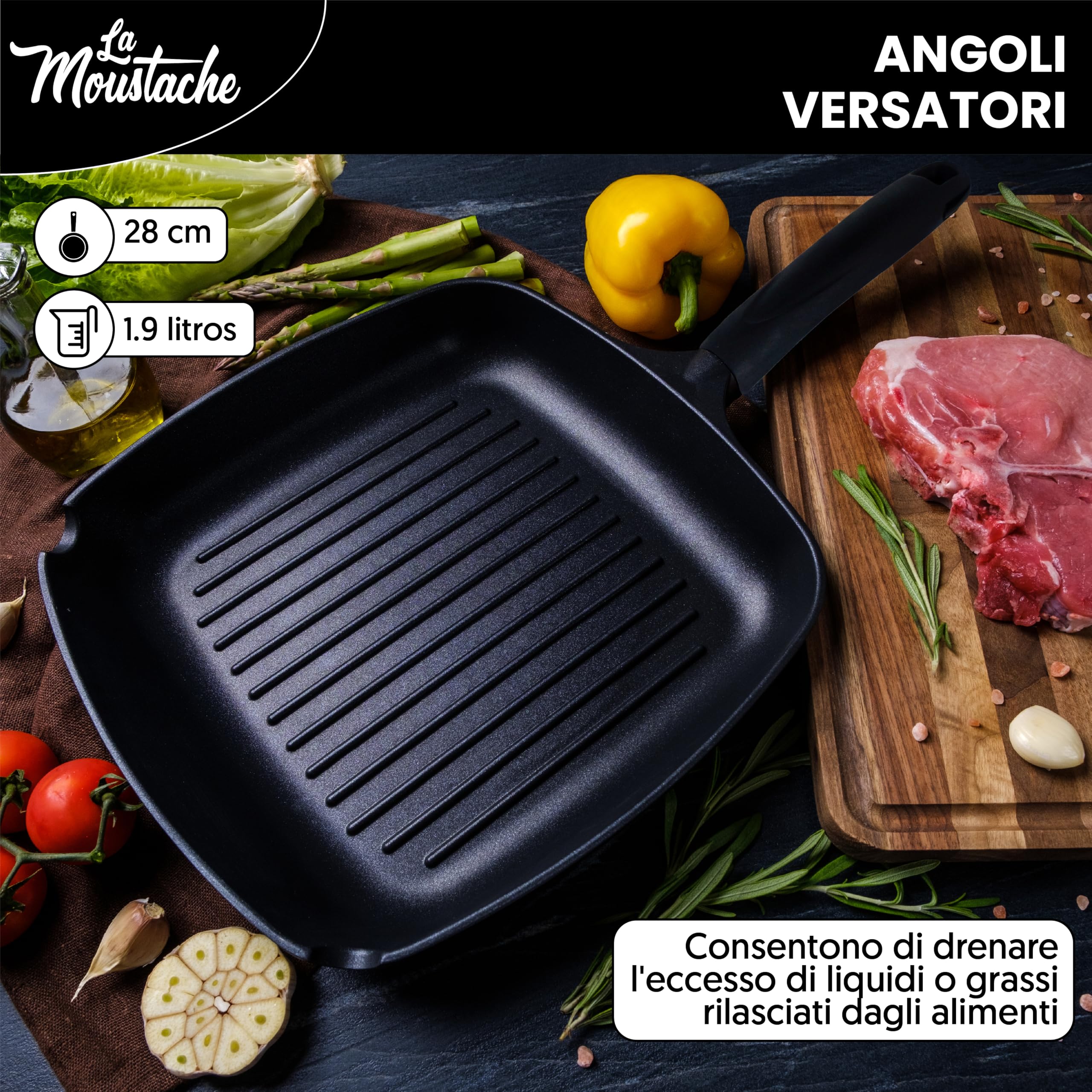 La Moustache - Padella Quadrata 28 cm in Alluminio con Antiaderente senza PFOA, Adatto a Tutti i Tipi di Cucine | Induzione, Gas, Piastra Elettrica, Vitroceramica, Equilibrio Termico