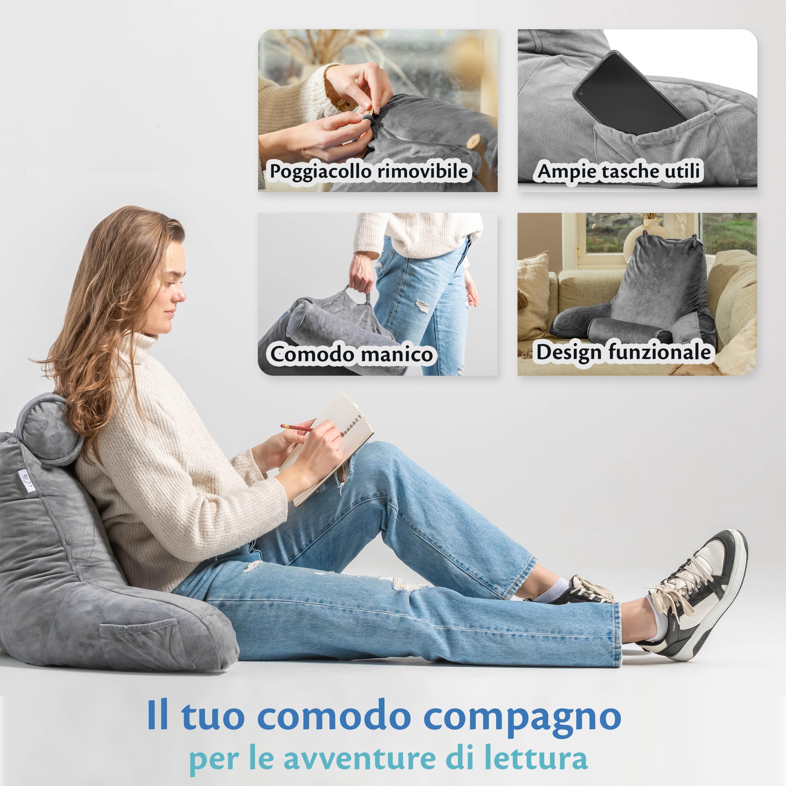 Ella Cuscino da Lettura per Letto con braccioli e paranuca rimovibile, Cuscino Lettura morbido e confortevole per leggere, guardare la TV, supporto per la schiena Schienale Letto - Grigio