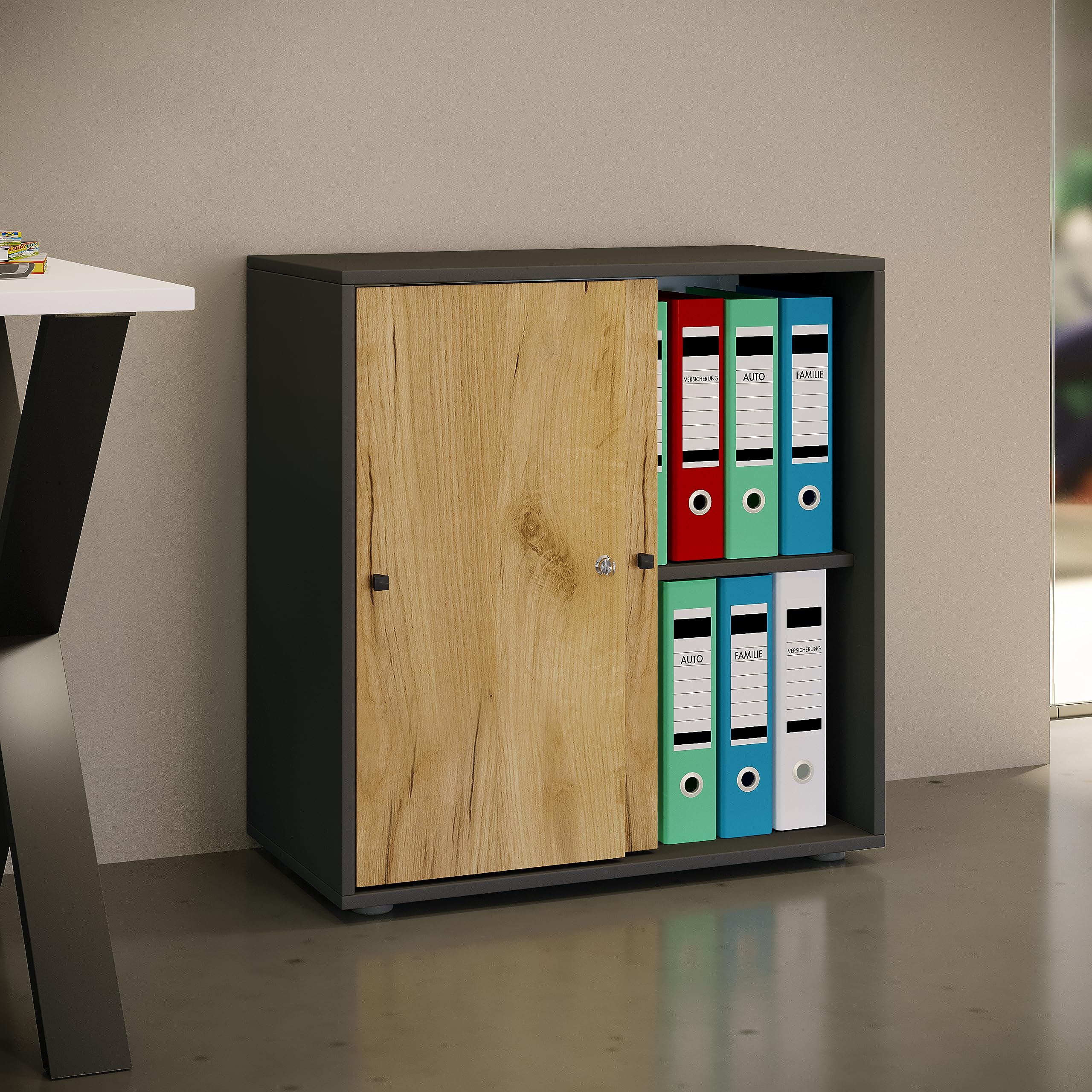 VCM Büroschrank mit 2 Fächern | moderner Aktenschrank mit Schiebetüren | Maße ca. B. 70 x H. 73 x T. 37 cm – Lona 2-Fach Anthrazit/Honig-Eiche