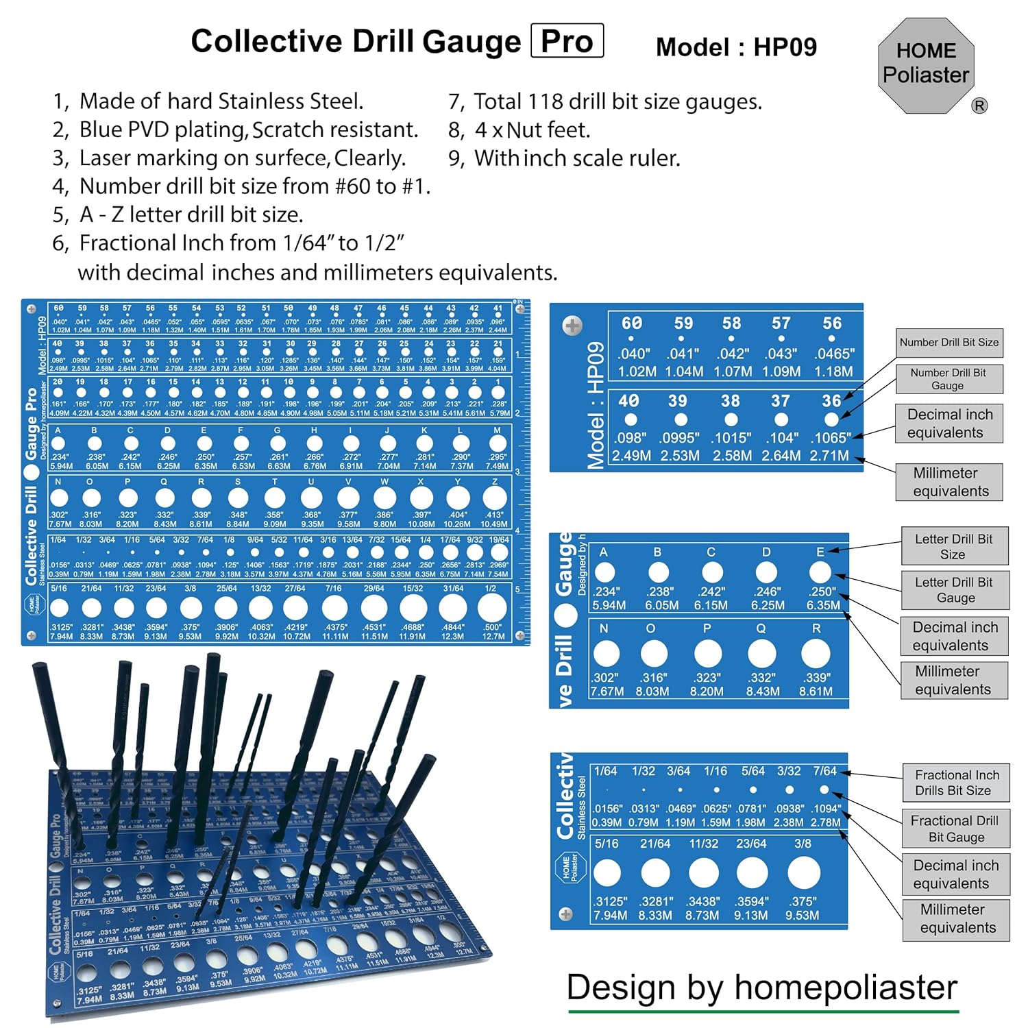 3-in-1 Stainless Steel Collective Drill Bit Gauge Pro | 118 Hole Drill Gauge Accuracy 0.0008‘’ (0.02mm) | Blue PVD with Laser