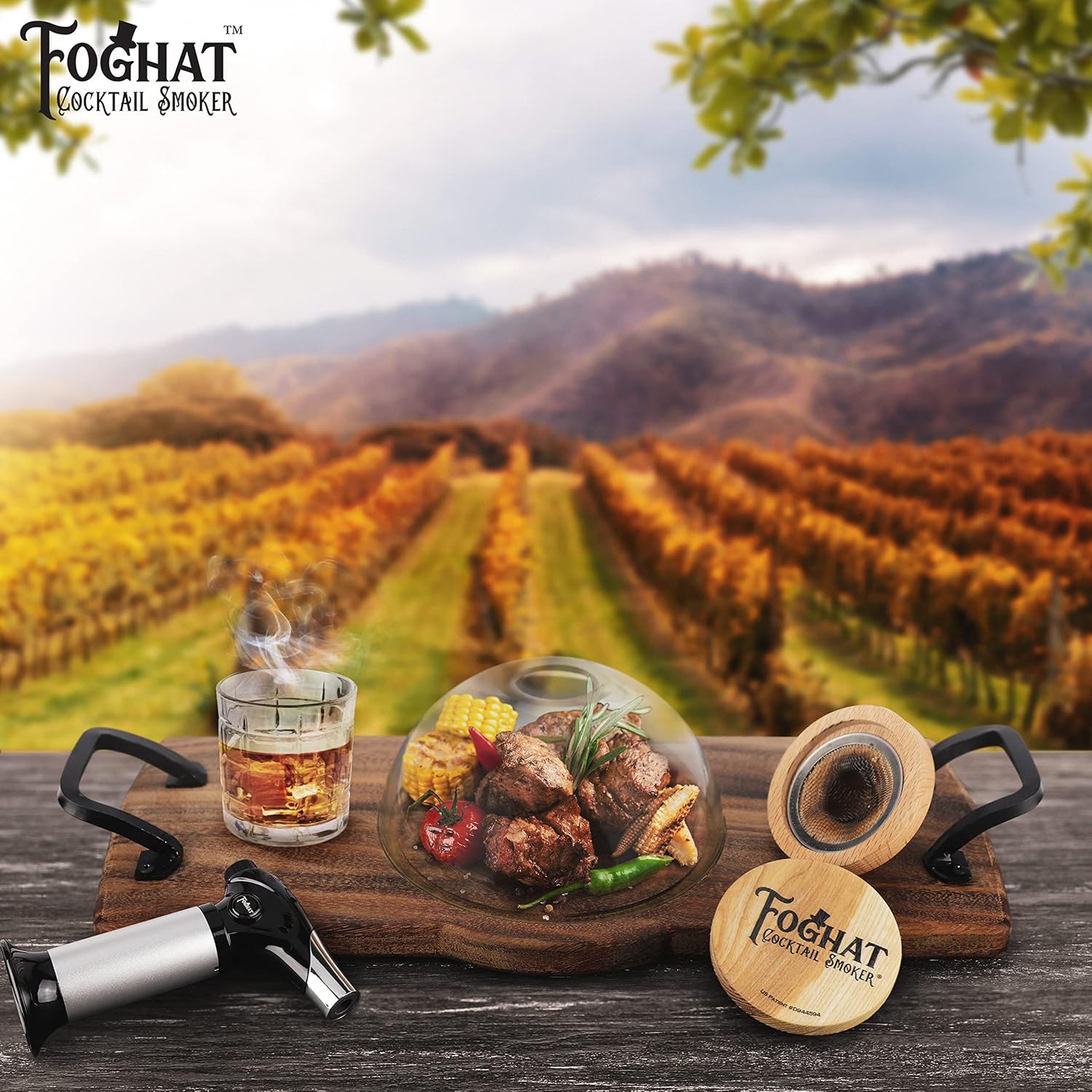 Foghat Cocktail Smoking Charcuterie Set with Cloche, Board, Bourbon Whiskey Barrel Oak Culinary Smoking Fuel Wood Shavings & Smoking Torch w/Butane Refill (Foghat + Torch + Charcuterie + Butane)