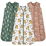 FIEMOL Baby Sleep Sack 6-12 months, 100% Cotton Sleeping Sack for Newborn and Infant, 3 Pack Baby Wearable Blanket, 0.5 Tog Lightweight Double Zipper Sleep Bag Medium Brown Green Lion
