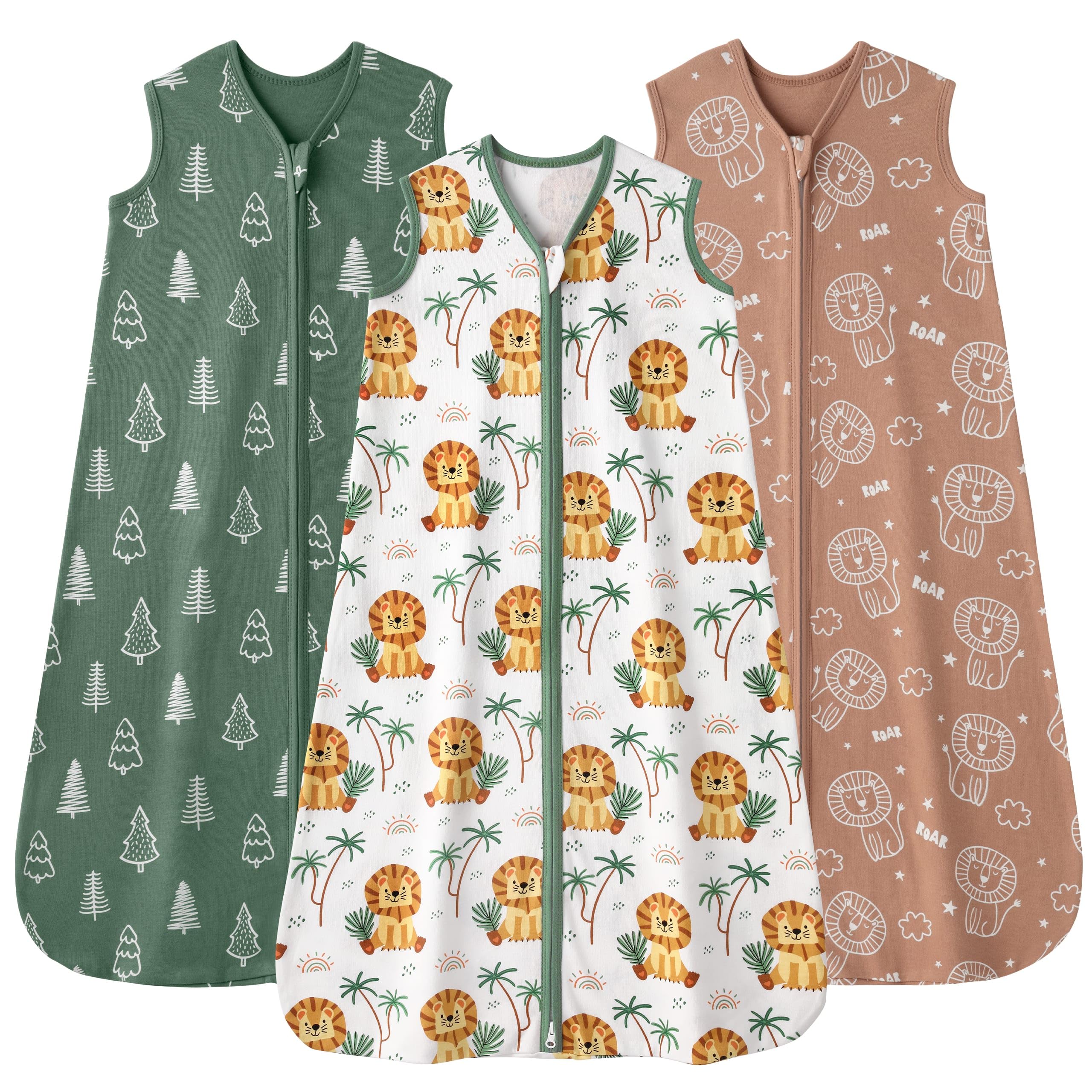 FIEMOL Sacco Nanna 0-6 Mesi 0.5 Tog Sacchi Nanna Cotone, 3 Pack Estate Sacco a Pelo Traspirante per Neonato Coperte Indossabili per Bambini 58-66cm Leone Marrone