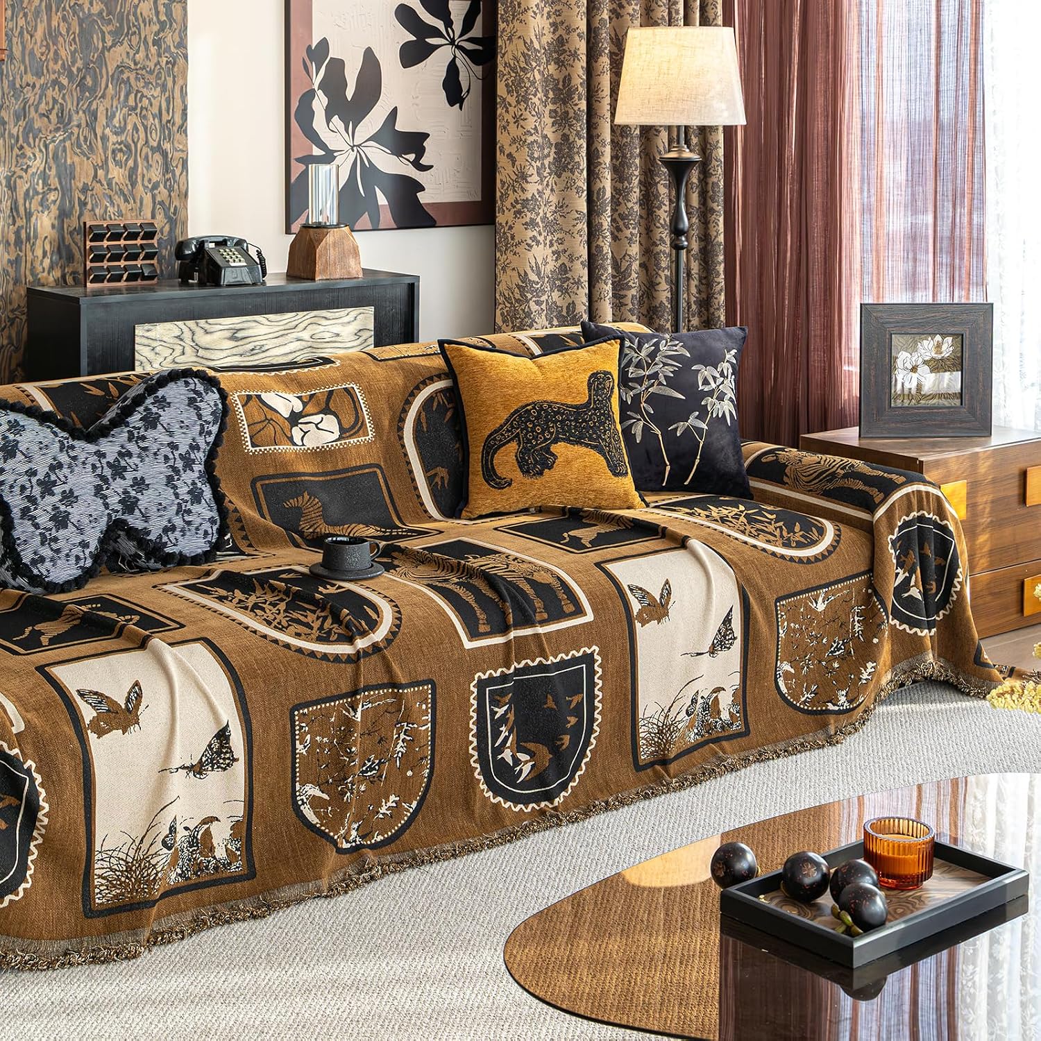 ROOMLIFE Dark Brown Couch Cover 3 Cushion Sofa, Washable Non Slip Furniture Sofa Protector Cover, Soft Chenille Sofa Slipcovers Sectional L Shape Dogs Couch Cover Throw Blanket with Tassels71''X118''