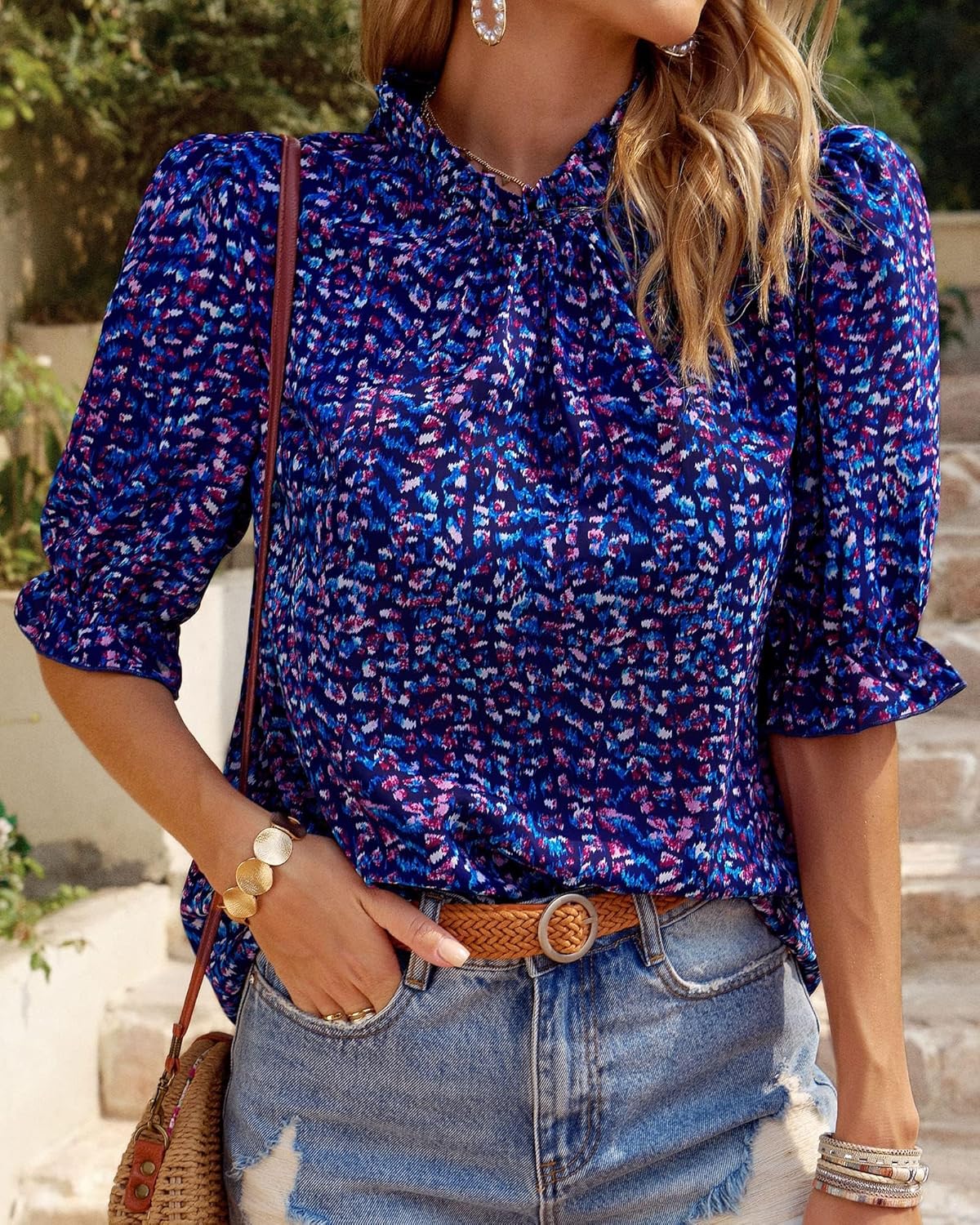 BTFBM Womens Tops 2026 Dressy Casual Blouses Summer Spring Clothes Mock Neck Short Sleeve Shirts Business Work Fall Outfits - Image 3