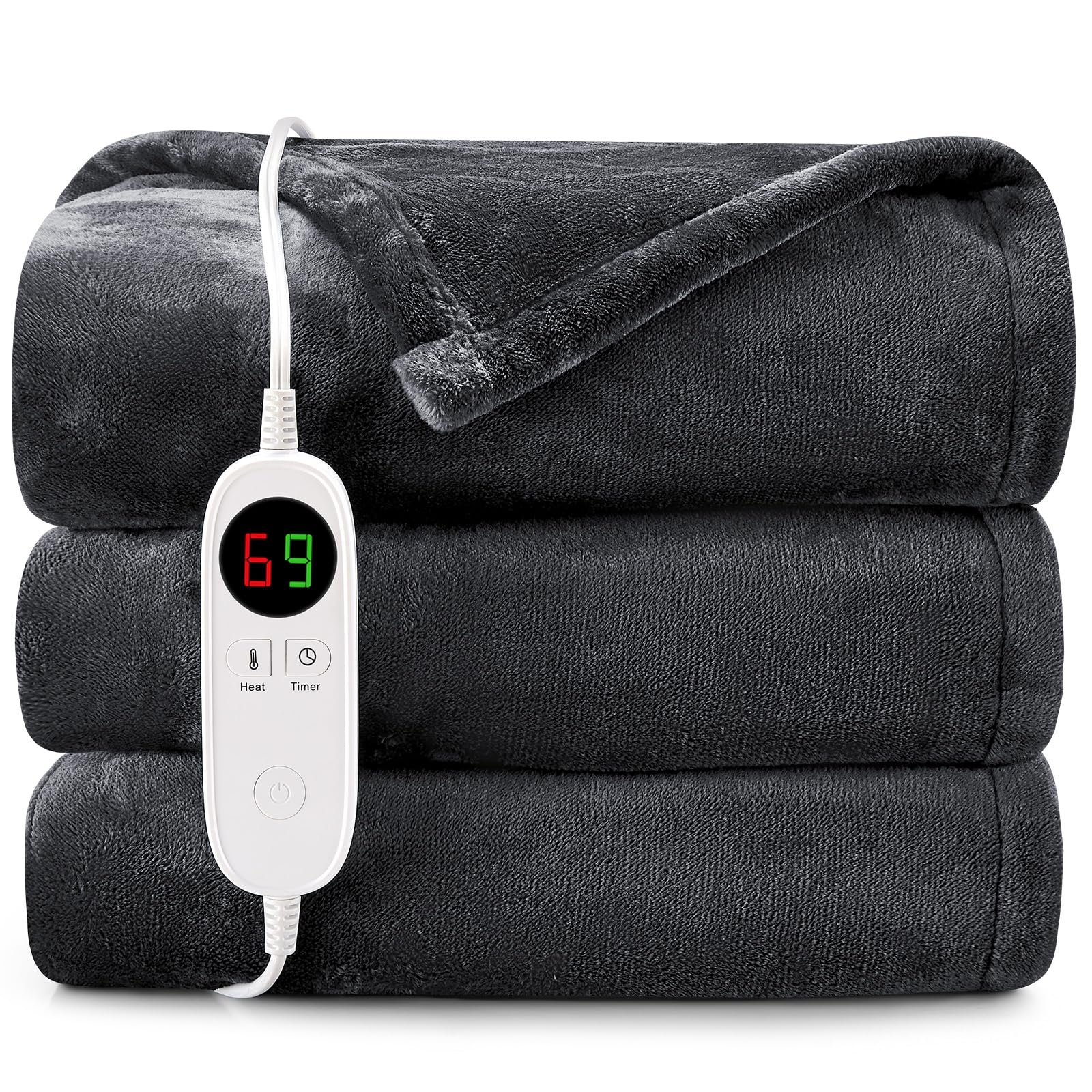 HYLEORY Heated Electric Blanket Throw 50" x 60" Soft Warm Flannel with 6 Heating Levels & 9 Hours Timer Auto Shutt Off, Heating Blanket for Full Body - Dark Grey