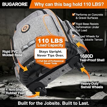 Rolling Tool Backpack with Wheels, 16 Heavy Duty Tool Bag with Molded Base