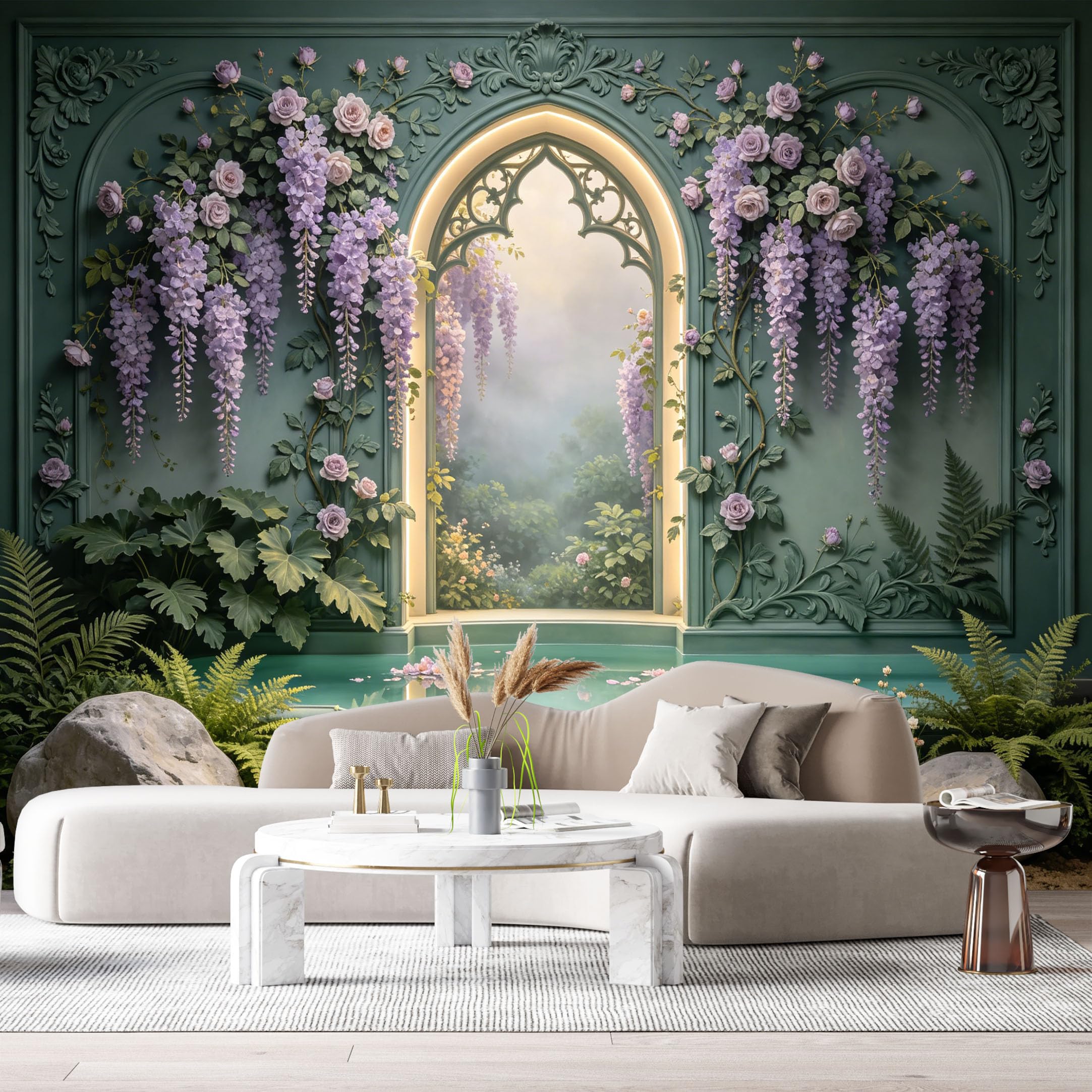 Custom Size Wall Murals Botanical Wisteria Flower Arch Pond 3D Trompe L'Oeil SelfAdhesiveWall Fabric Removable Wallpaper Wall Decor for Living Room Bedroom Bathroom